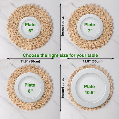 Laquedecraft 11.8" Set of 4 Round Corn Husk Placemats | Boho Woven Rattan Table Mats | Farmhouse Wicker Spring Plate Chargers Like Water Hyacinth, Seagrass for Wedding, Party, Christmas, Events