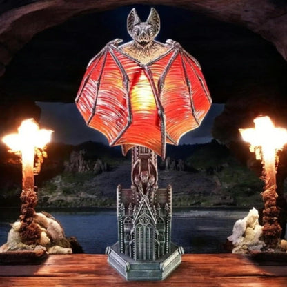 Gothic Wings of Night Halloween Lamp, Gothic Wings of Night Halloween Light with Red Glow, Handcrafted Resin, Cathedral Base Vampire Table Lamp for Spooky Horror Room or Witchy Nights Setting