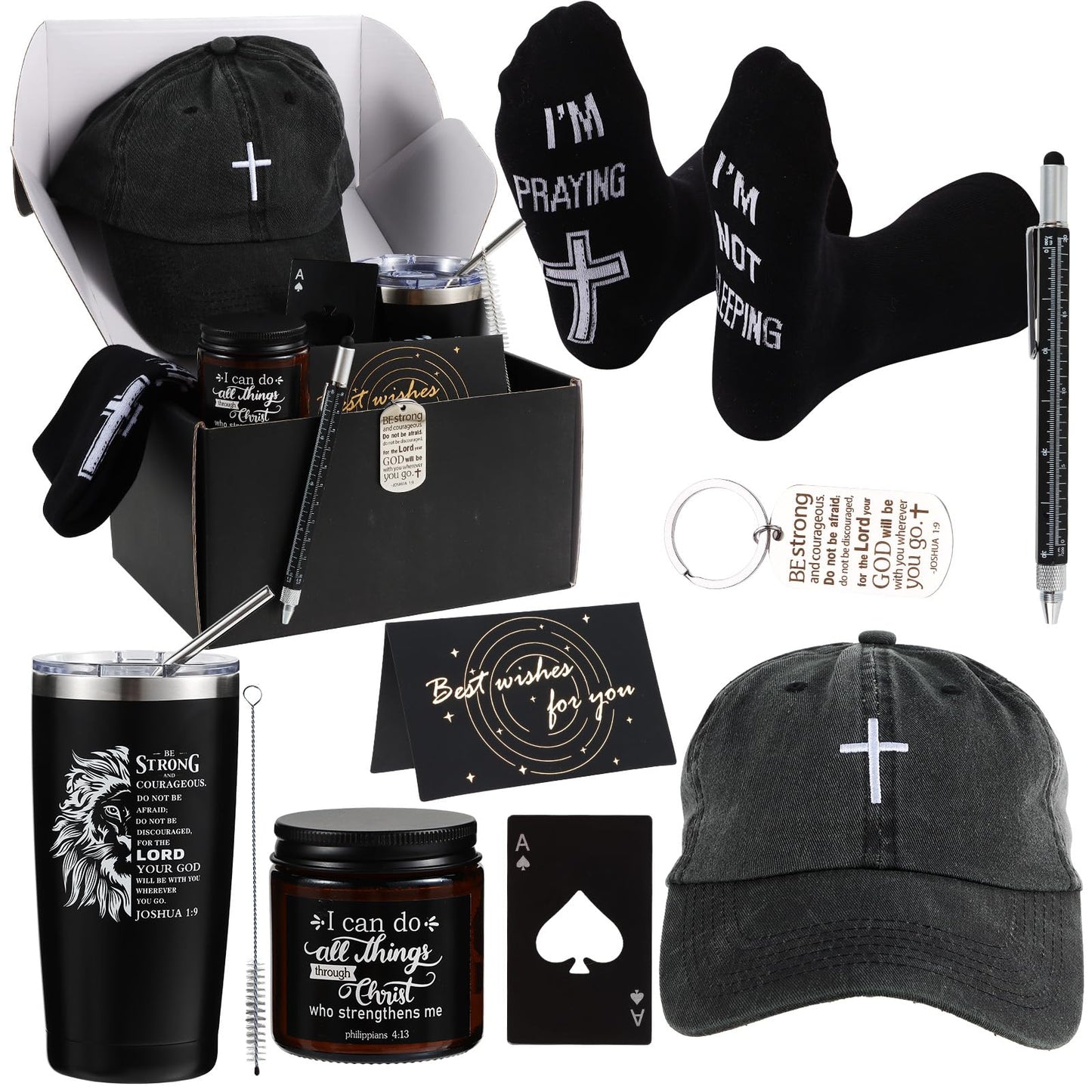 Kolewo4ever 9 Pcs Christian Gifts for Men Religious Gift for Dad Inspirational Gifts Set for Father Spiritual Religious Catholic Gift Box for Male Friends Co Workers