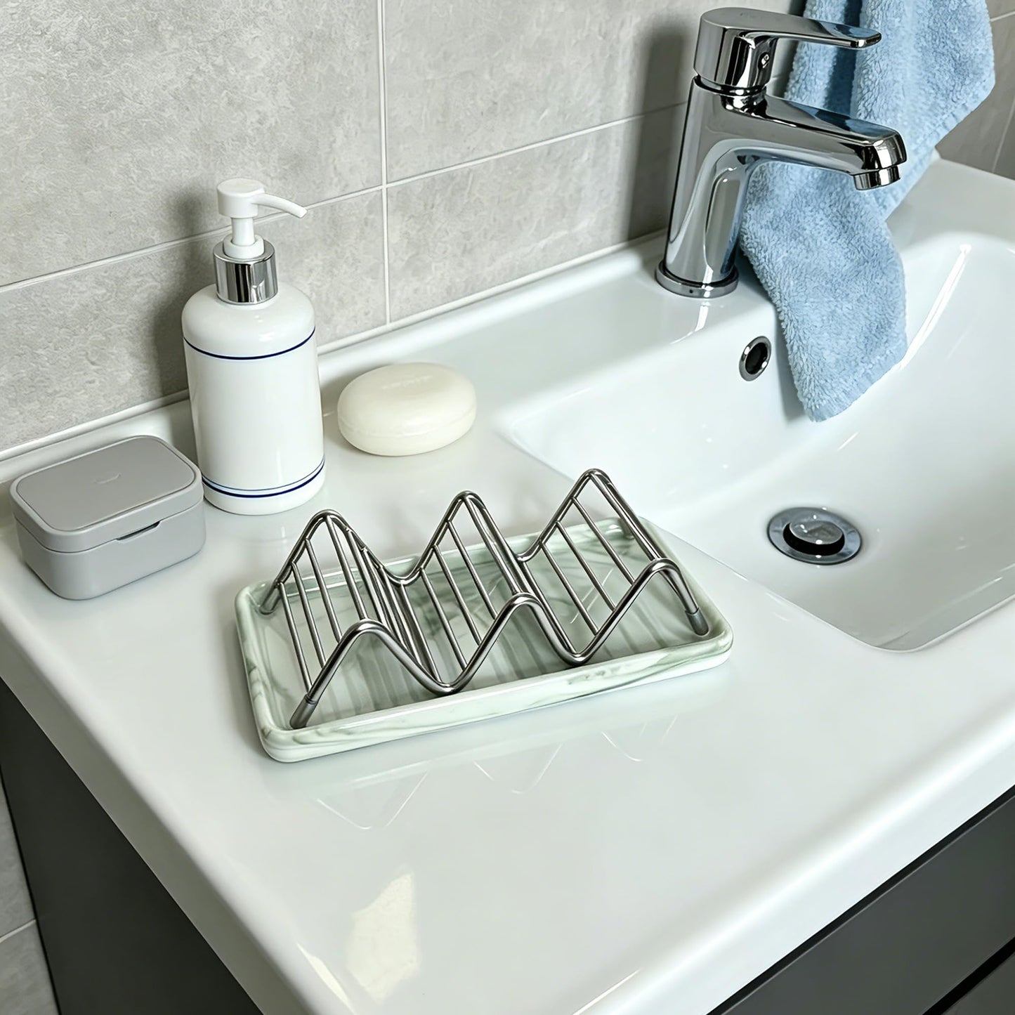 Lofekea Soap Dish, Stainless Steel Self Draining Shower Bar Soap Holder with Ceramic Dish Tray, W Style Soap Saver for Bathroom, Sink, Kitchen and Countertop(Green Texture)