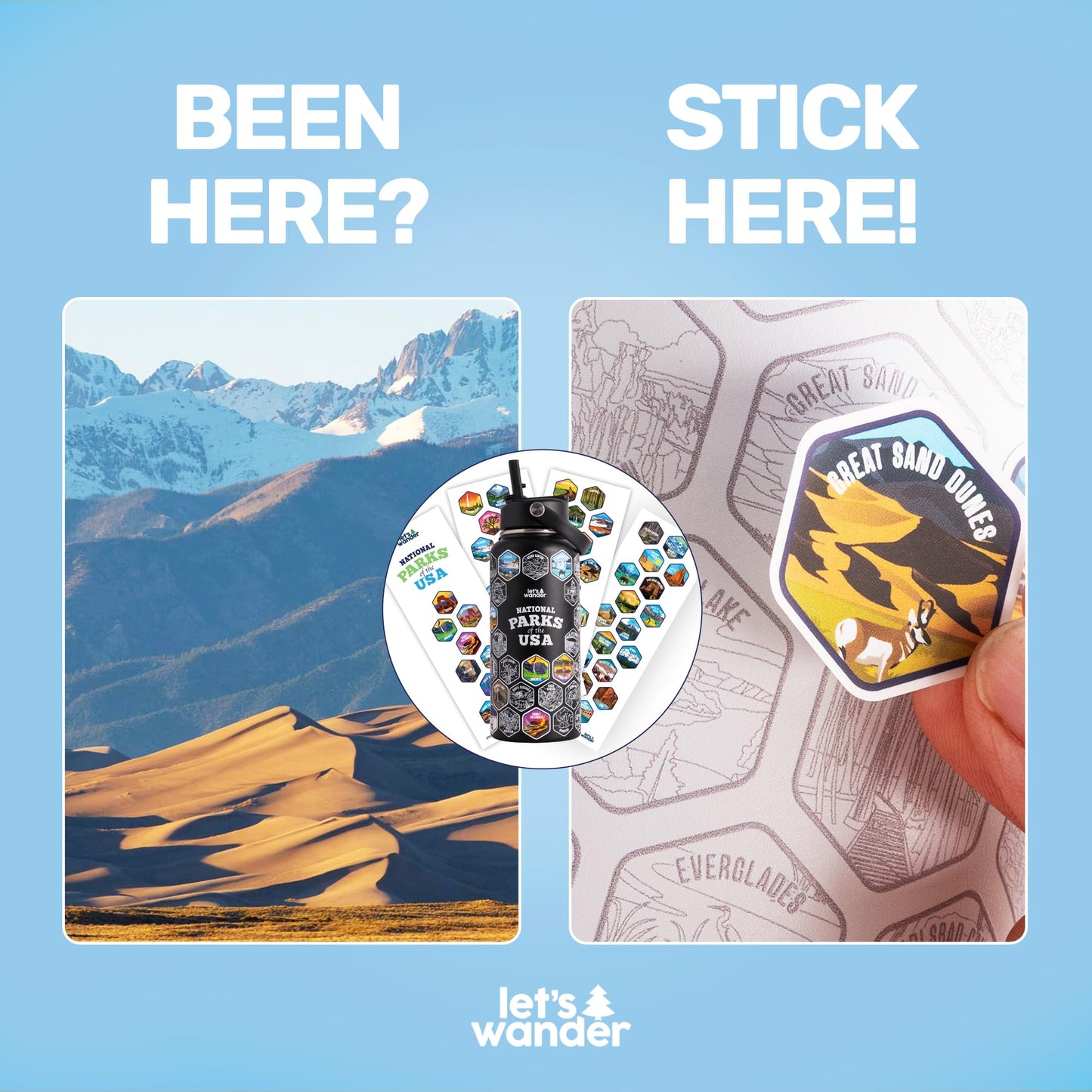 LET'S WANDER National Parks Water Bottle 2.0 Ultimate Bundle | Includes Straw Lid, Chug Lid and 2 Sets of 63 Waterproof Stickers | 32oz Leakproof Insulated Stainless Steel Gift Pack (Black)