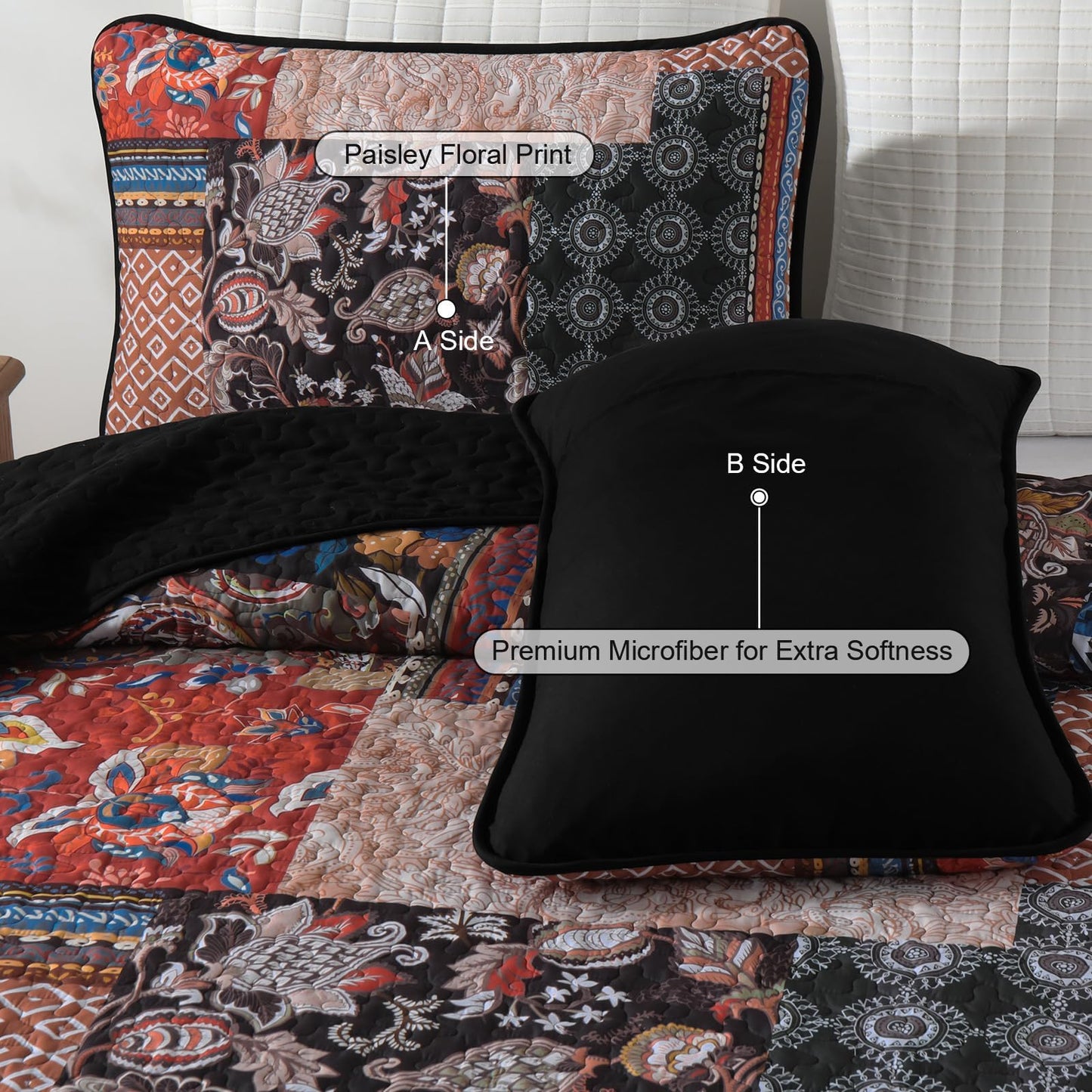 DJY Patchwork Quilt Set King Size Boho Bedspread Coverlet, Black Coral 3 Pieces Paisley Floral Quilted Bedding Set, Lightweight Bohemian Farmhouse Reversible Bed Cover for All Season 110''x90''