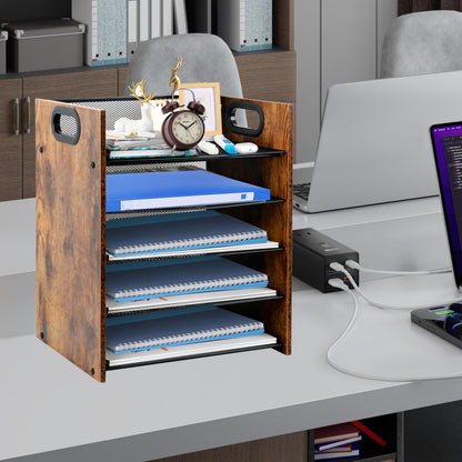 Boershun Wood Desk Organizer - 5-Tier Desktop File Organizer, Wooden Paper Tray, Office Desk Organzier and Accessories for Papers, Mail, Notebooks, Stationery