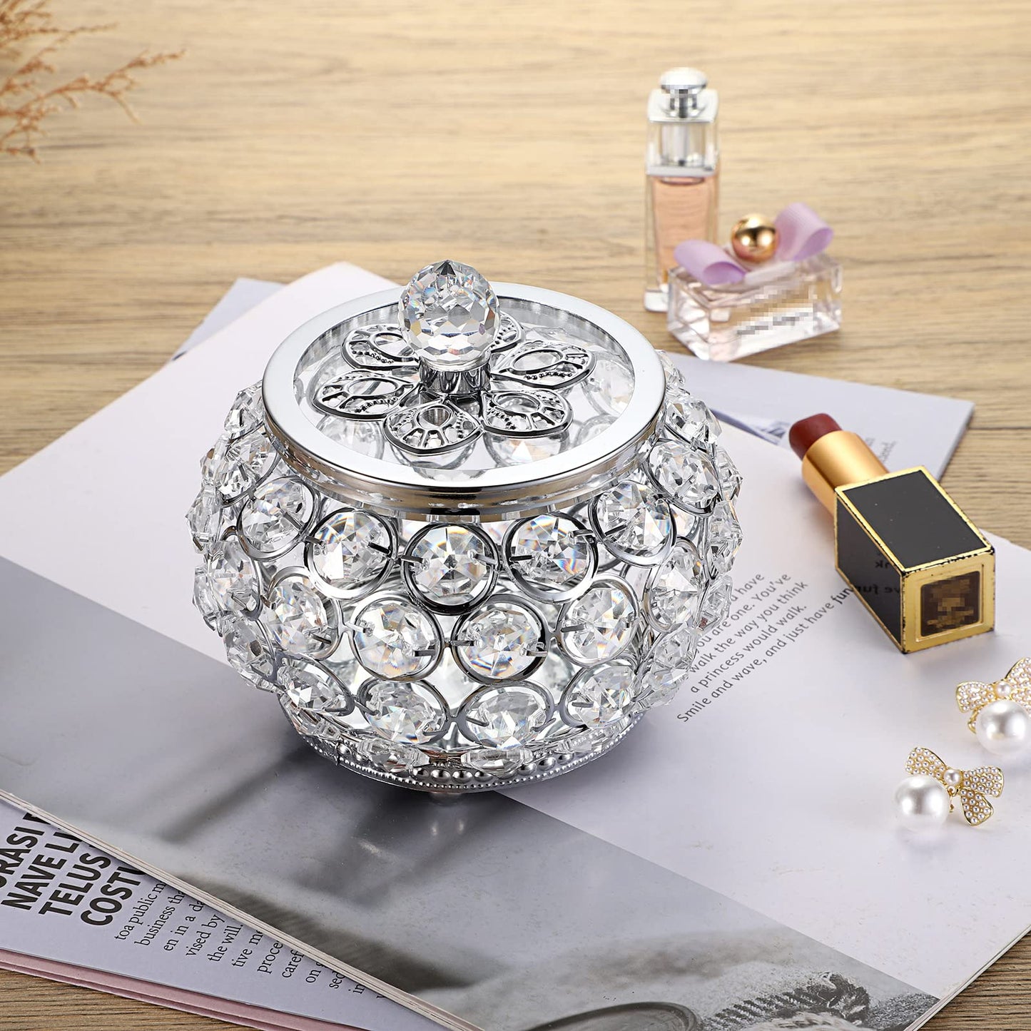 Hipiwe Crystal Jewelry Box with Glass Lid Small Trinket Organizer Mirrored Treasure Box Ring Holder Earrings Necklace Storage Box Keepsake Gift Box for Home Dresser Decor, Silver