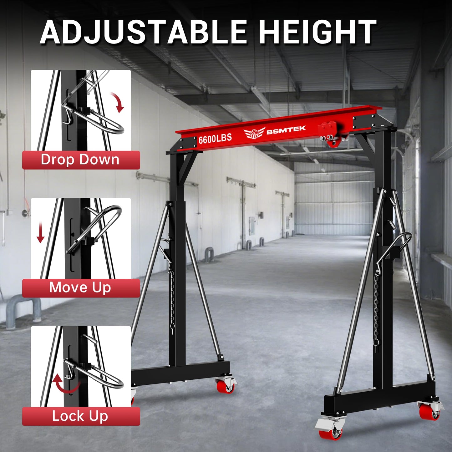 3 Ton Gantry Crane MAX6600LBS, Upgraded Trolley, Adjustable Height (8.53-12.47 FT), Width (8.53 FT), Steel I-Beam Construction, Portable Shop Hoist for Factories, Warehouses