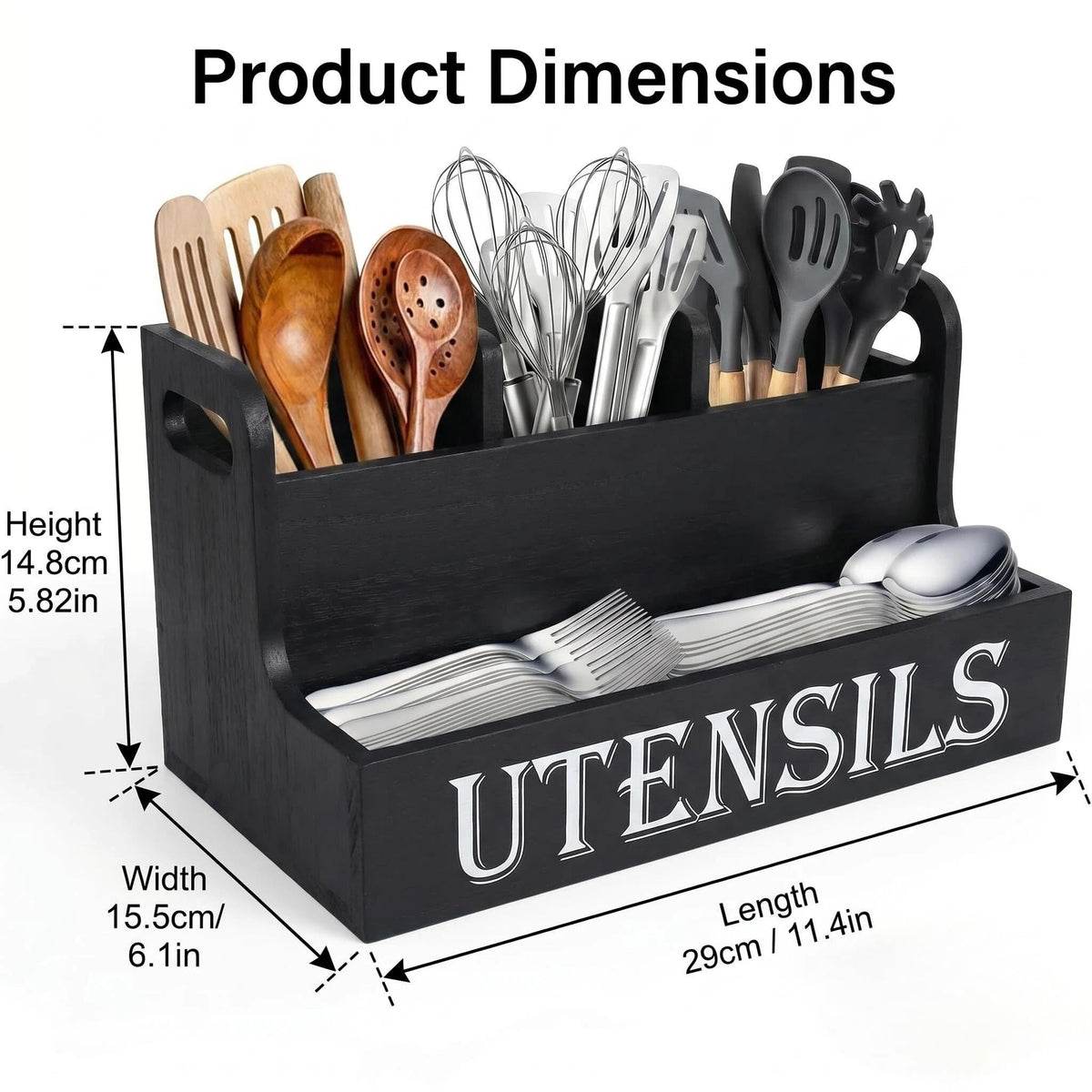 SHAXIXI Wooden Utensil Holder Kitchen, Country Style Cutlery Holder With Drainage Holes In The Bottom (Black)