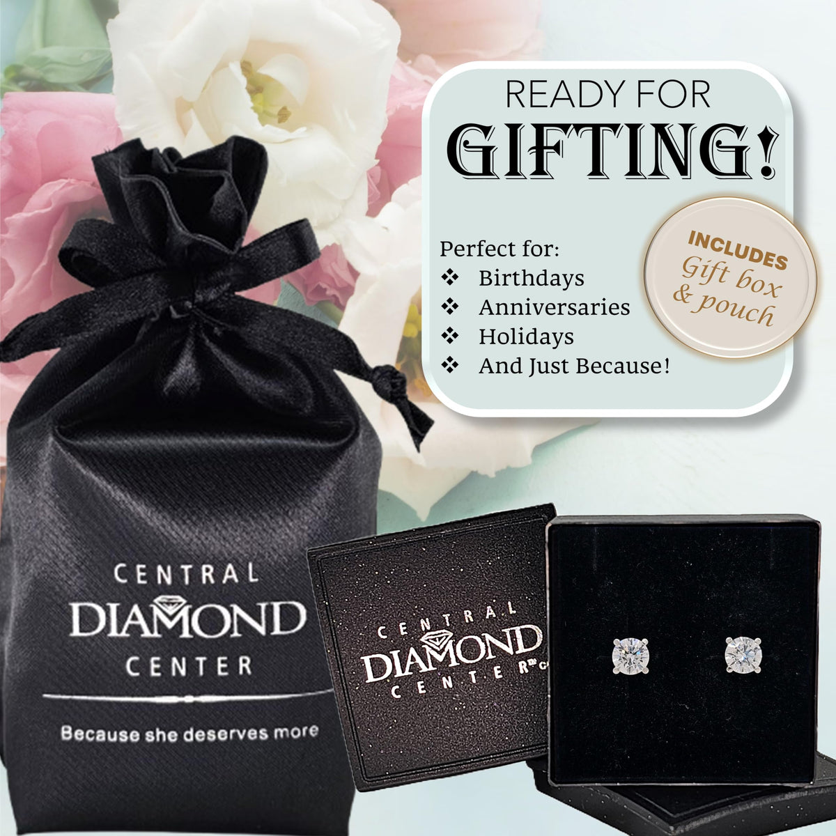 Central Diamond Center 14K Solid Gold Post & Sterling Silver Made with Swarovski 4 Prong CZ Stud Earrings - Platinum Plated - 5.50mm - 1.50cttw