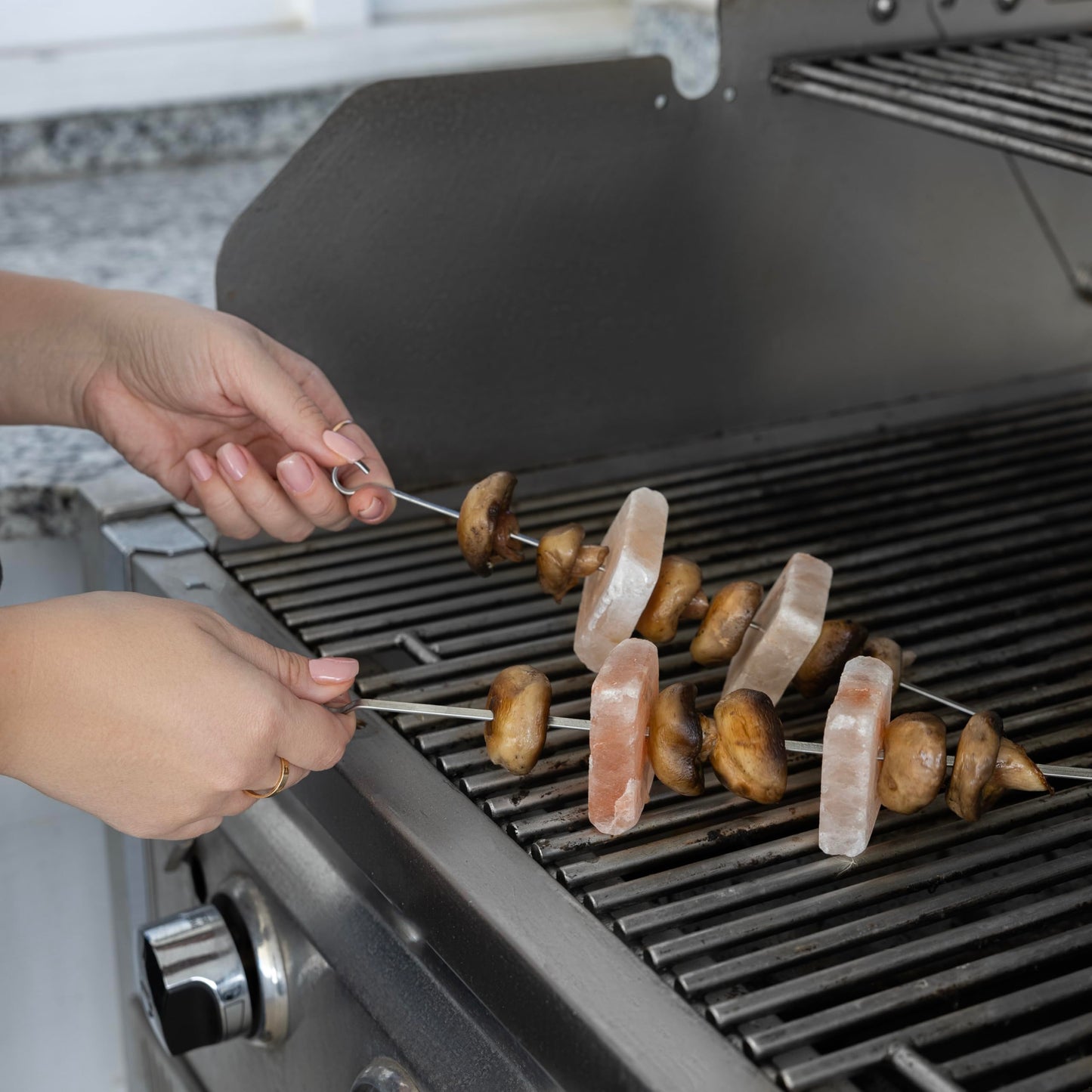 Outset Grill Skewers, Stainless Steel BBQ Skewers With Pink Himalayan Salt Cubes, 2 Skewers and 4 Cubes For Kabobs