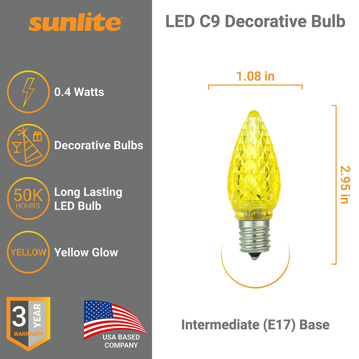 Sunlite 80709 LED C9, Holiday Decorative Light Bulb, 0.4 Watts, E17 Intermediate Base, Faceted Christmas-Lights; Nightlight, Yellow, 6 Count