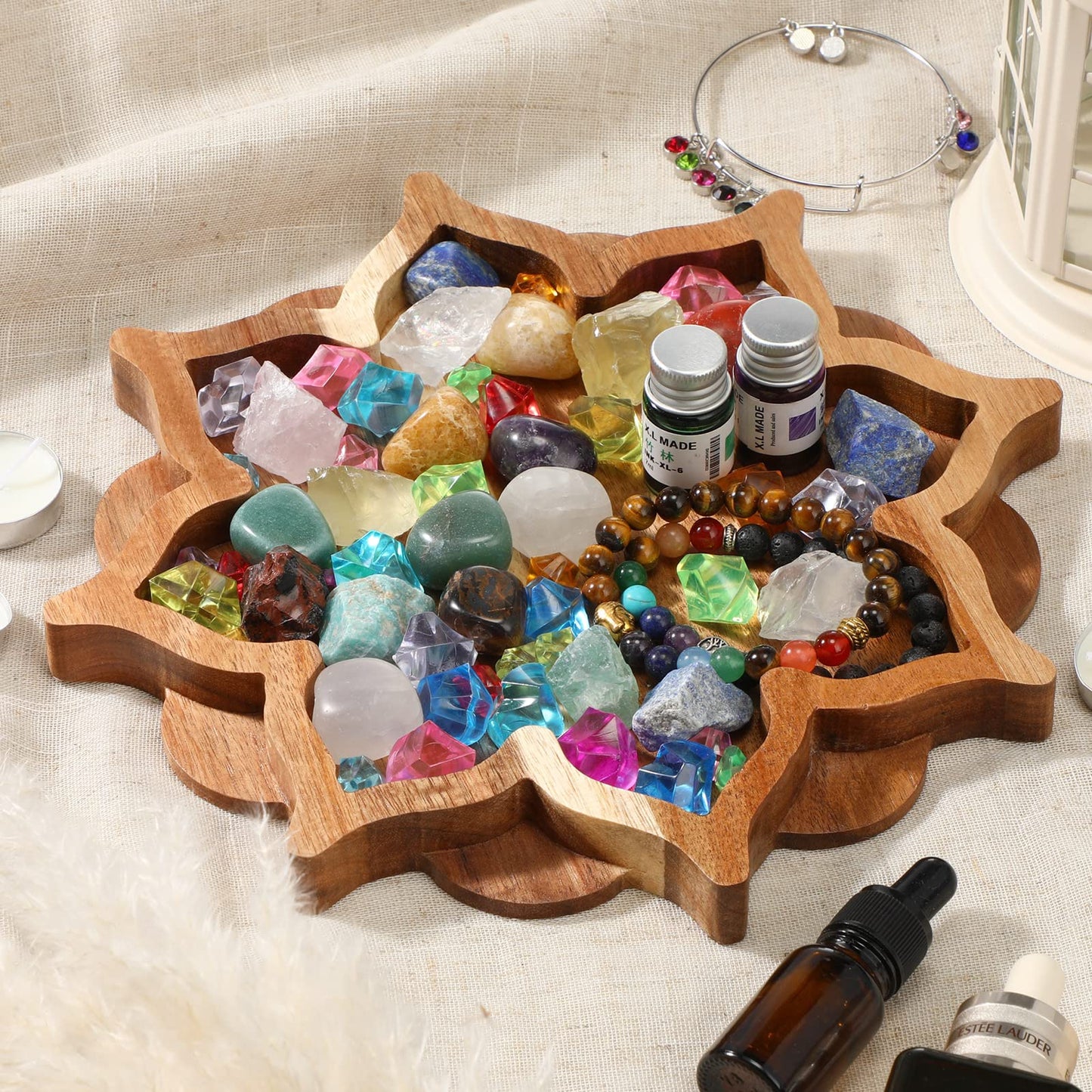 Vesici Lotus Crystal Tray for Stones Crystals and Healing Stones Flower Wooden Crystal Storage Holder Tray Lotus Shape Decorative Jewelry Display Trays Organizer Bowl Decor(Elegant)