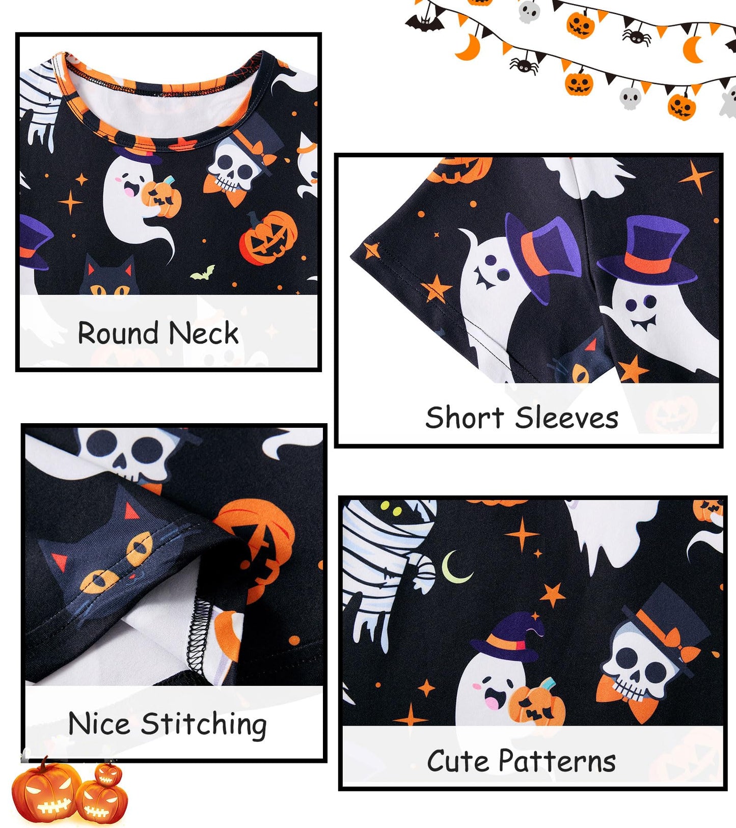 uideazone Size 9-10 Ghosts Pjs Set for Kids Girls Halloween 3 Piece Pajamas Set Cute Sleepwear Set Short Sleeve Shirt Shorts Pants