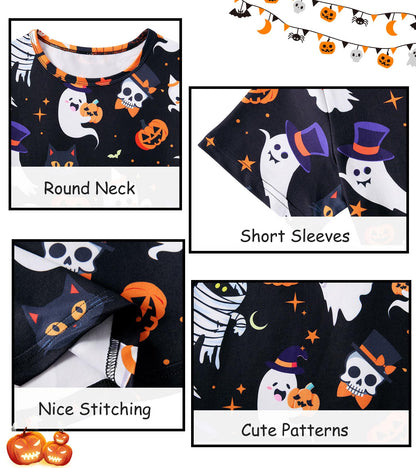 uideazone Size 9-10 Ghosts Pjs Set for Kids Girls Halloween 3 Piece Pajamas Set Cute Sleepwear Set Short Sleeve Shirt Shorts Pants