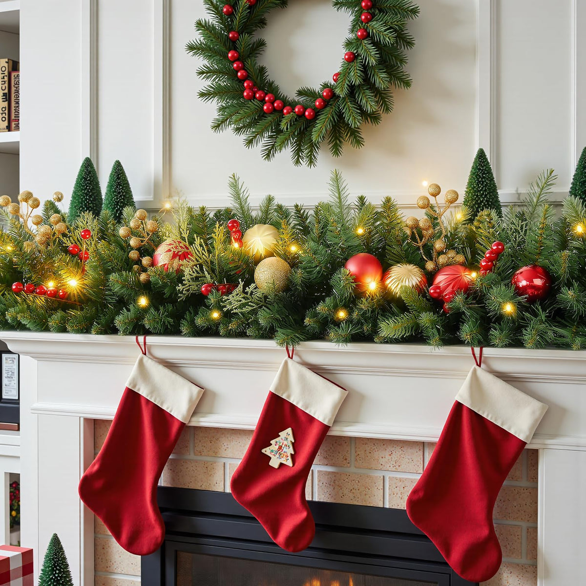 9FT Artificial Christmas Prelit Garland with 50 White Light, Pulg in, Pine Cones, Gold and Red Ball, Red Berris Mantle for Indoor Holiday Door Home Decorations Stairs Fireplaces Wall