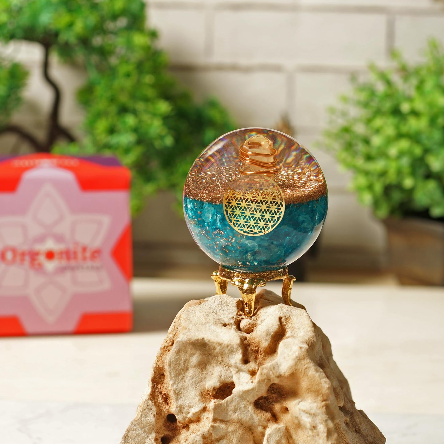 Orgonite Crystal Blue Aquamarine Crystal Ball with Stand for Positive Energy, Chakra Balancing –with Flower of Life Symbol to Promote Purpose, Serenity and Courage