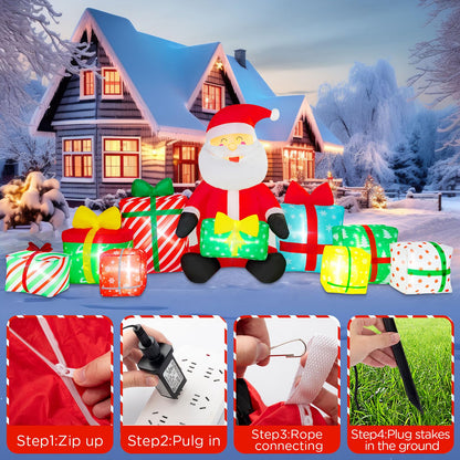 10 Ft Long Christmas Inflatable Santa Claus Giant Gift Boxes with LED Lights Santa Claus Gift Inflatable Decoration Built in Automatic Blowers for Xmas Outdoor Indoor Yard Garden