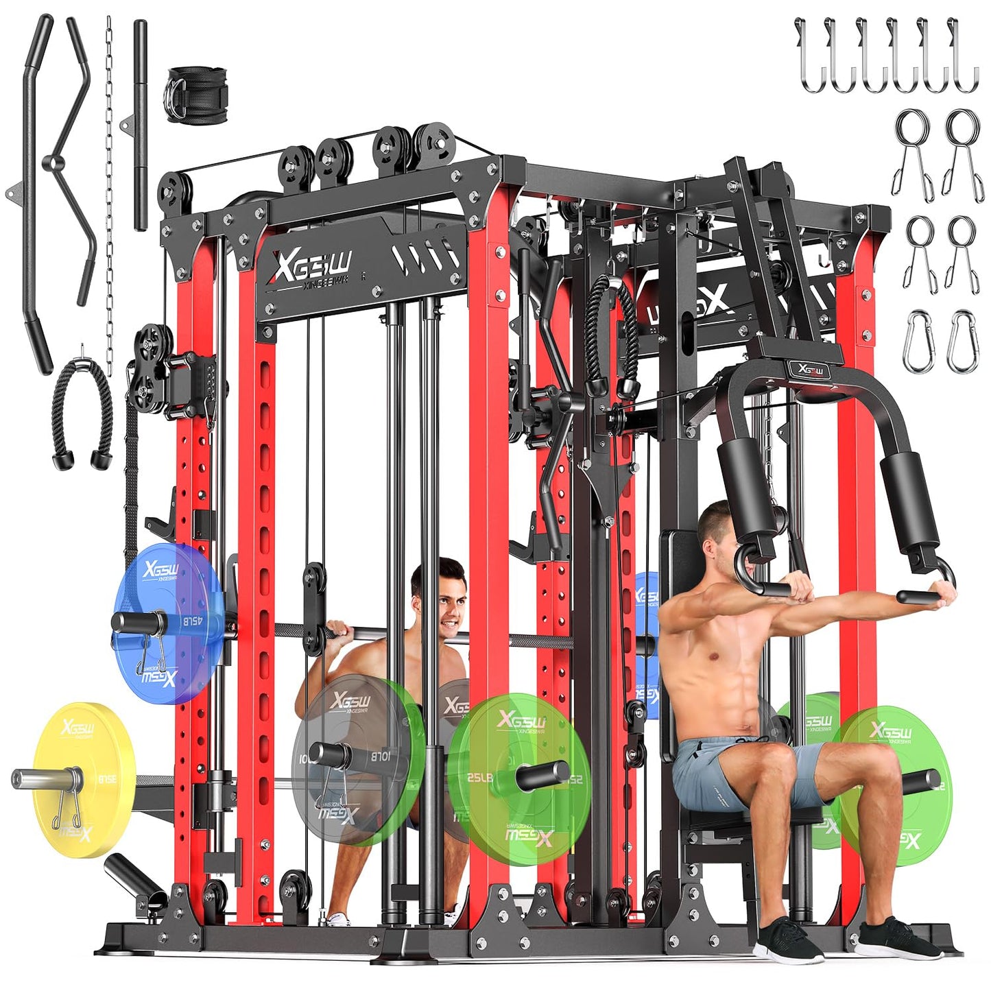 XGSW XINGESIWR Multi-Purpose Squat Rack,Smith Machine Weight Rack Set with Cable Crossover System, Home Gym Power Racks, Power Racks and Packages (L06 Two Users, Power cage Red+Bench)