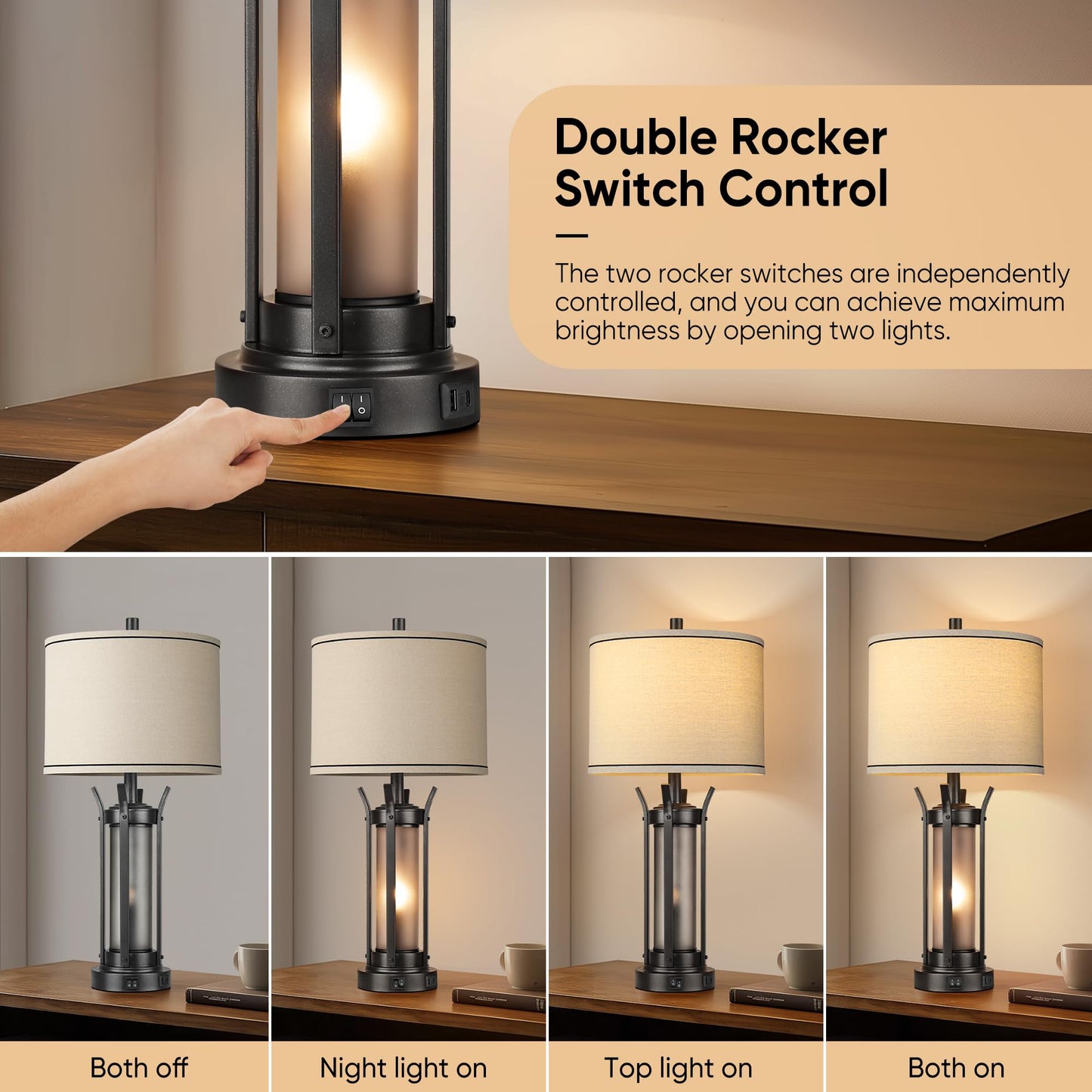QiMH 26" Table Lamps Set of 2, Rustic Bedside Lamps with USB A+C Charging Ports, Farmhouse Industrial Nightstand Lamp with Frosted Glass Night Light for Bedroom Living Room, Black, 4 Bulbs Included