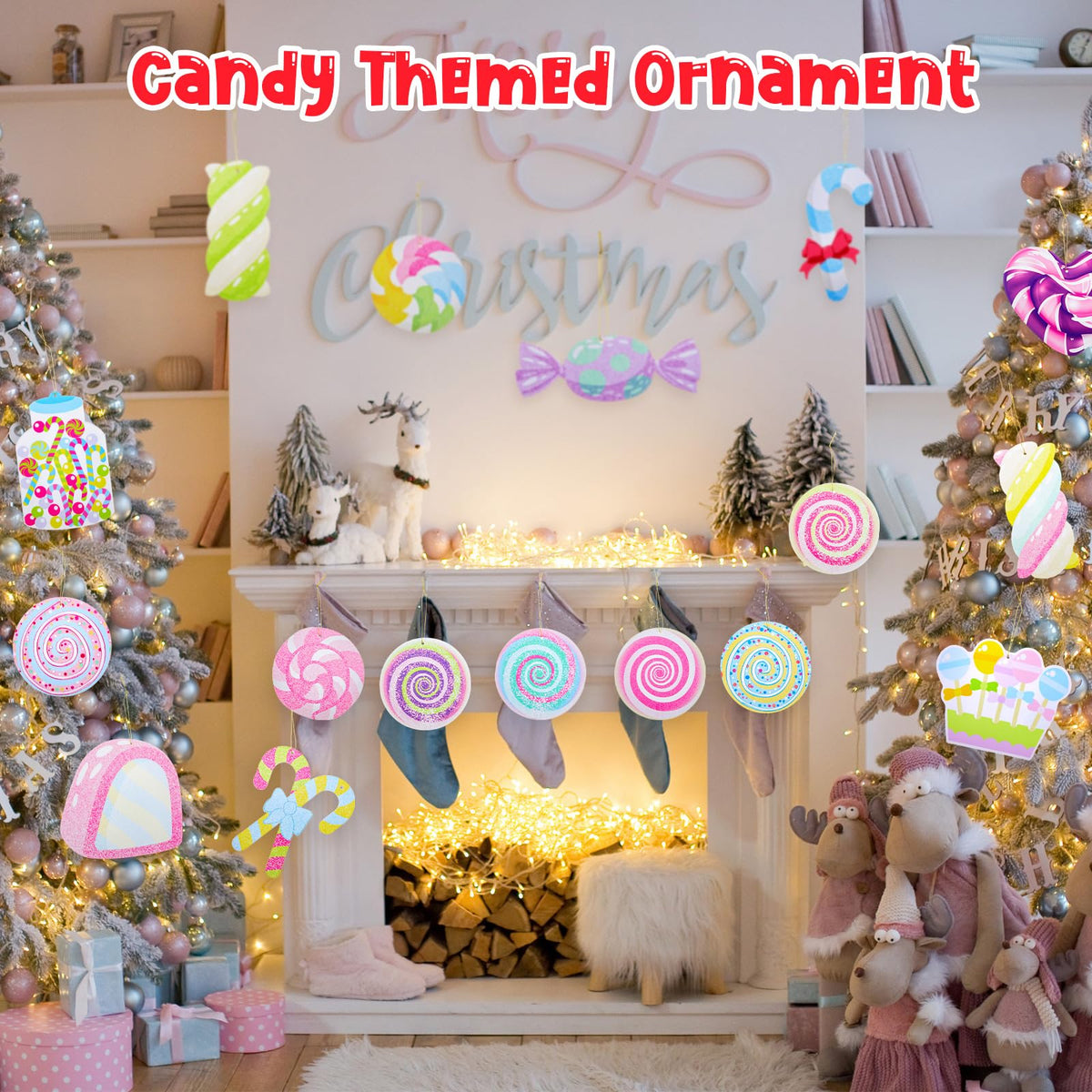 Chunful 25 Pcs Large Pastel Christmas Candy Cane Ornaments Christmas Tree Hanging Decorations Double-Sided Candy Peppermint Lollipop Marshmallow Ornaments for Tree Home Indoor Porch Wall Ceiling