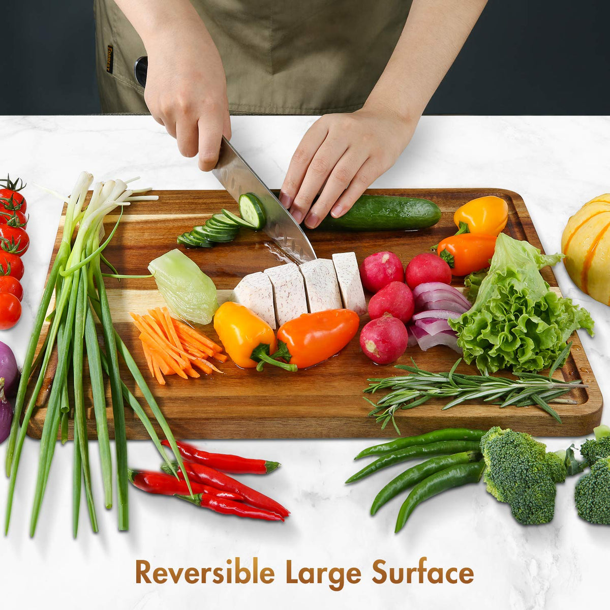 AZRHOM Large Wood Cutting Boards Set of 4 for Kitchen Cheese Charcuterie Board (Gift Box Included) Acacia Butcher Block with Non-slip Mats, Juice Groove and Handles (16x12, 14x10, double 11x8 inch)-4