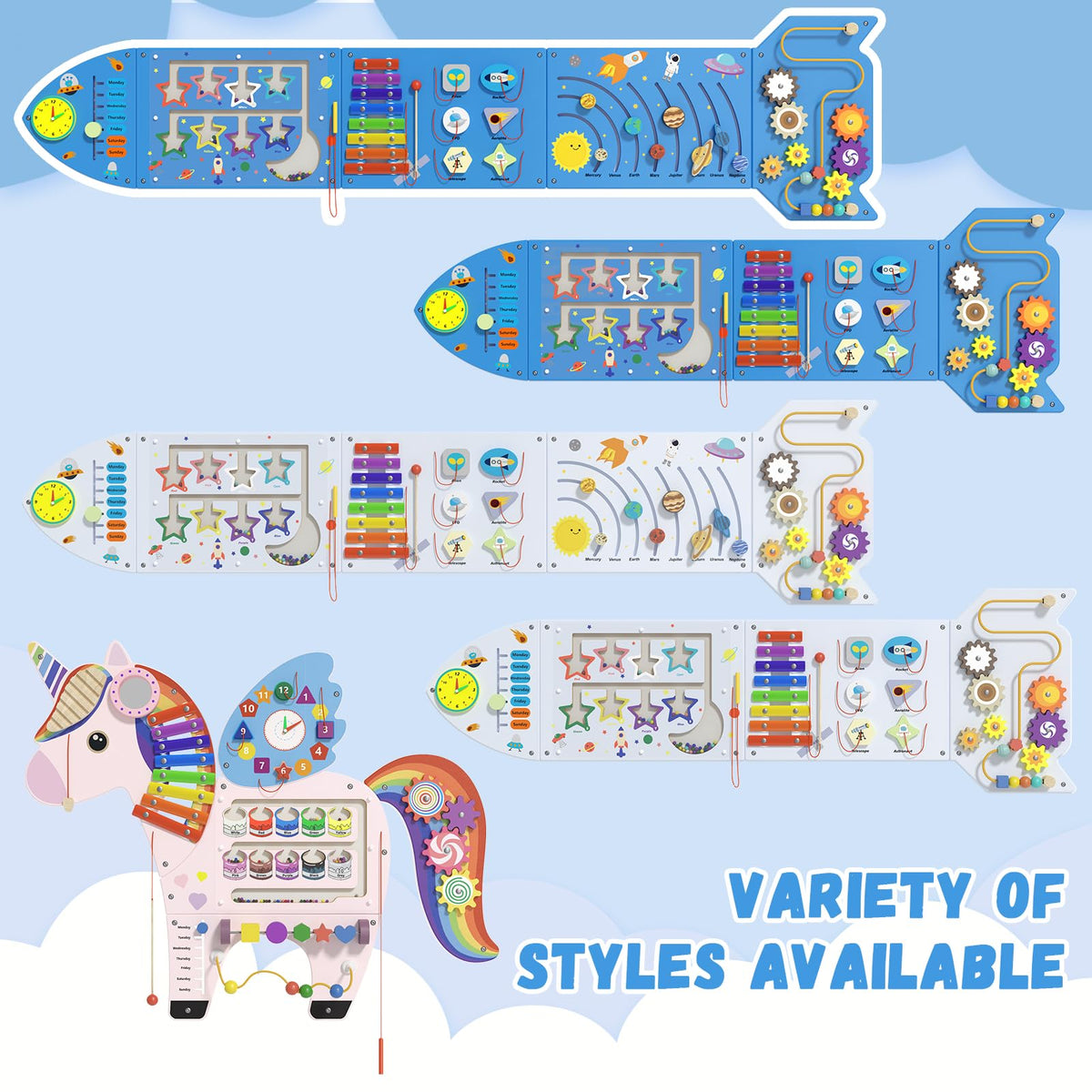 Spacocld Rocket Activity Wall Busy Board Panels - Sensory Wall Panel for Kids, Montessori Toddler Wall Activity Board, Wall Toys for Toddlers 3, Activity Cube, Wooden Multi-Activity Boards, Blue(5PCS)