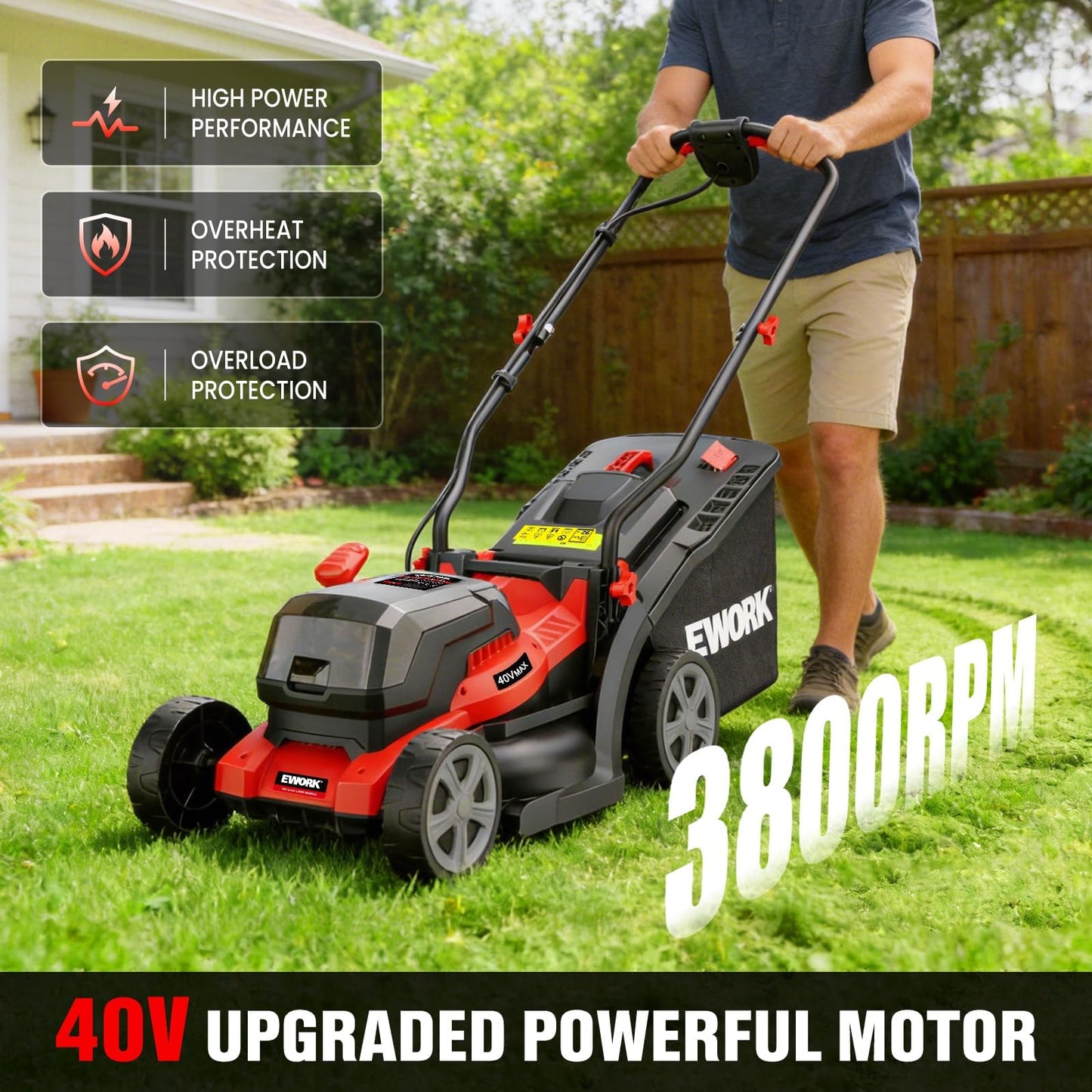 EWORK 40V 14" Electric Lawn Mower Cordless with 2*4.0Ah Batteries & Charger