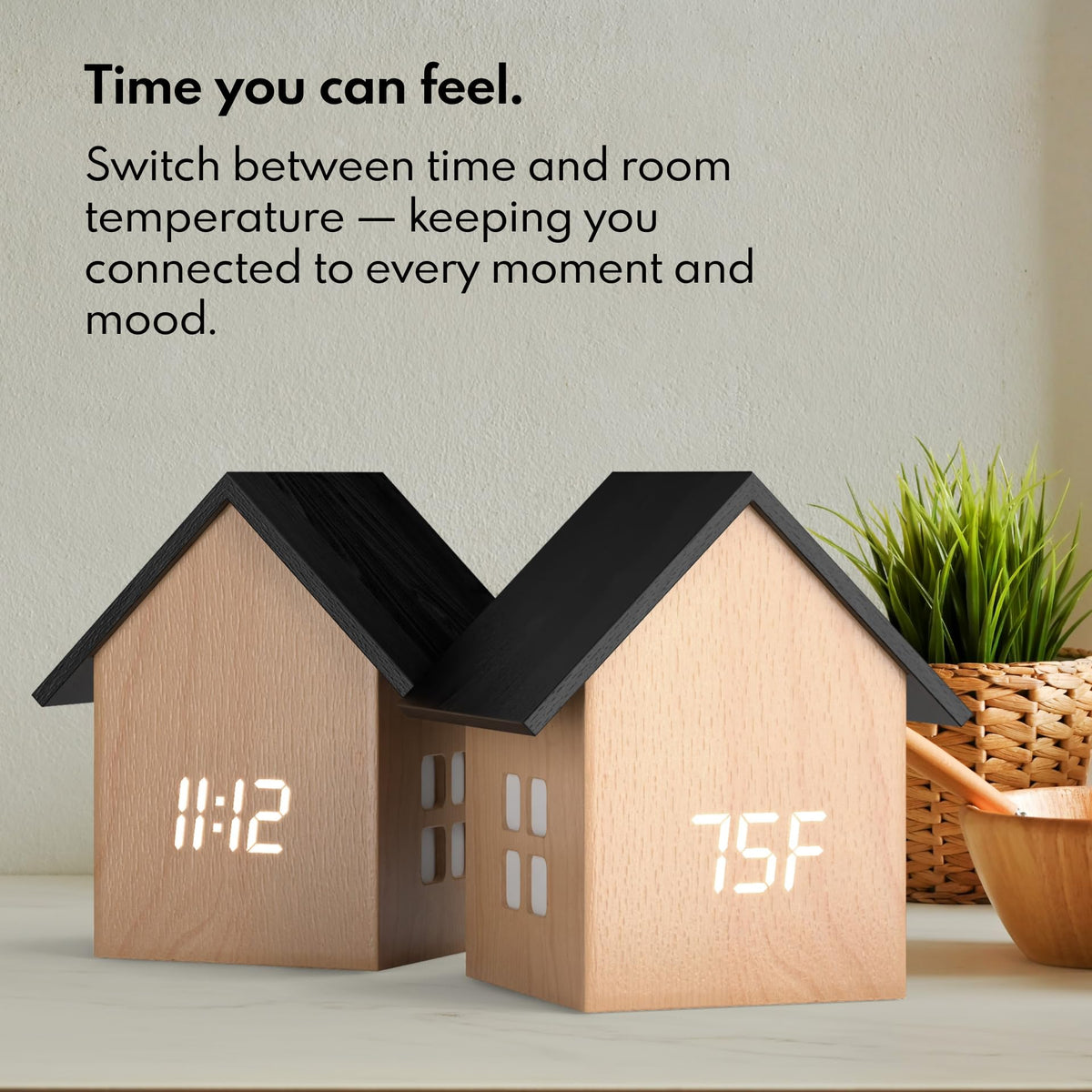 Driini Digital House-Shaped Alarm Clock with Temperature Display (Light Wood) – Modern Aesthetic - Cute Cube Frame and White LED Dimmer - Perfect Small Desk Clock for Bedside Table or Bedroom Mantle