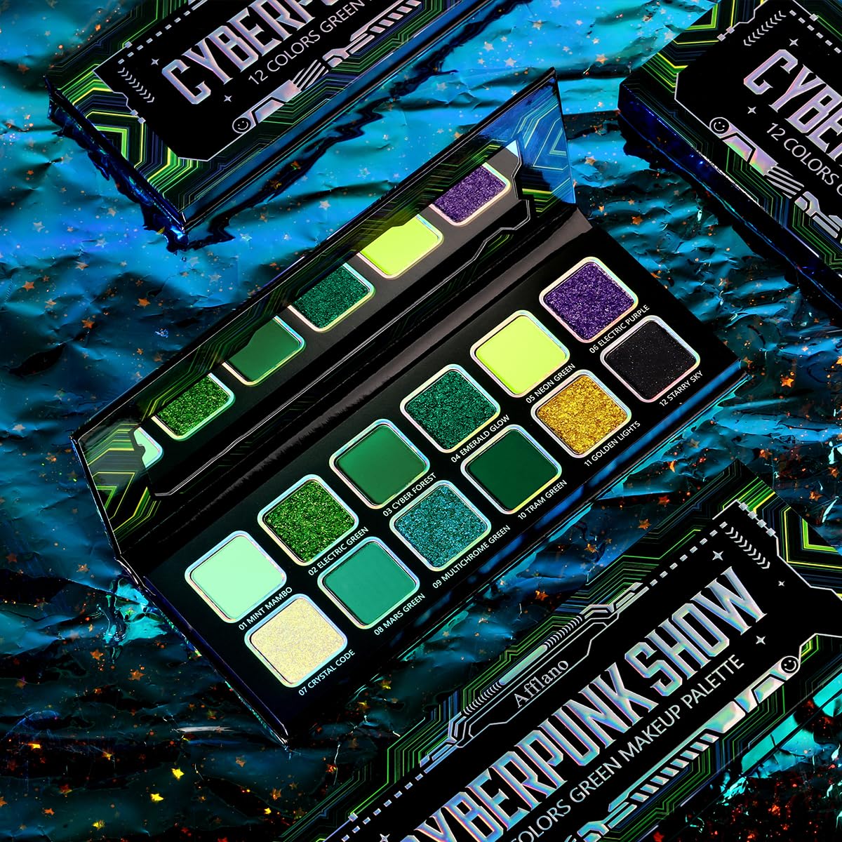 Green Eyeshadow Makeup Palette, 12 Color Green Holographic Glitter Eyeshadow with Matte Shimmer Finish for Hazel Eyes, High Pigment Silky Long Last Neon Yellow Blue Eye Shadow for Daily,Party,Cos,Goth