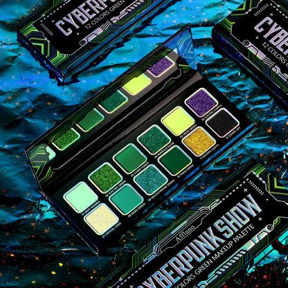 Green Eyeshadow Makeup Palette, 12 Color Green Holographic Glitter Eyeshadow with Matte Shimmer Finish for Hazel Eyes, High Pigment Silky Long Last Neon Yellow Blue Eye Shadow for Daily,Party,Cos,Goth