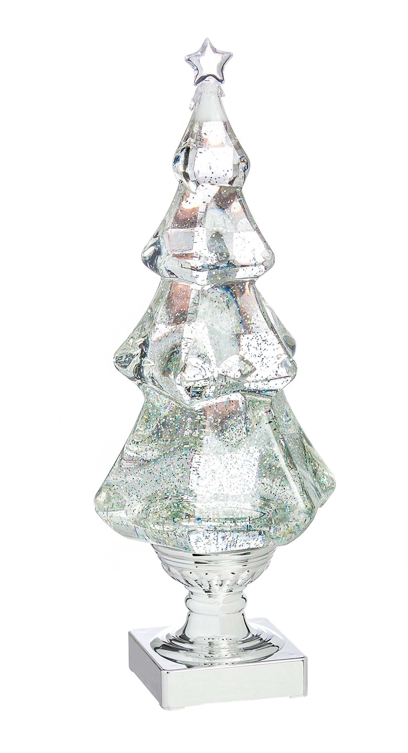 LED Light Liquid Motion Glitter Christmas Tree | 14 Inches Tall | Premium Ornament | Water Globe | Battery Operated | Tabletop Sparkling Silver for Holiday Home and Office Decor