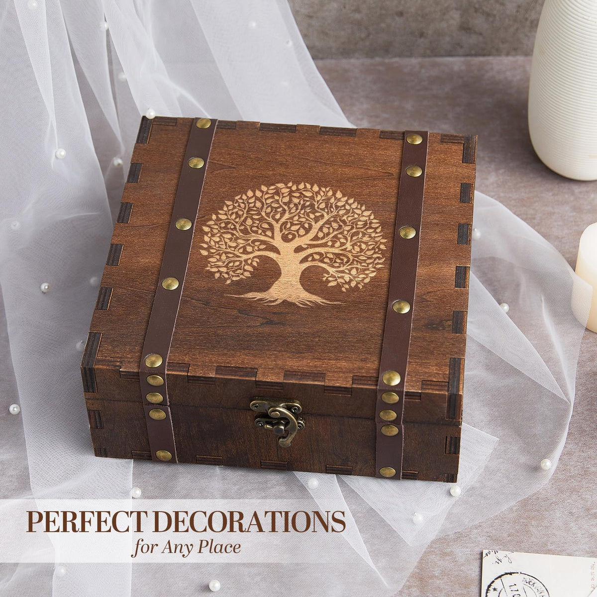 AW BRIDAL Wedding Keepsake Box with Tree of Life Engraved, Wood Decorative and Storage Boxes, Bridal Shower Gifts for Bride, Engagement Gifts for Couples Newly Engaged, Anniversary Marriage Presents