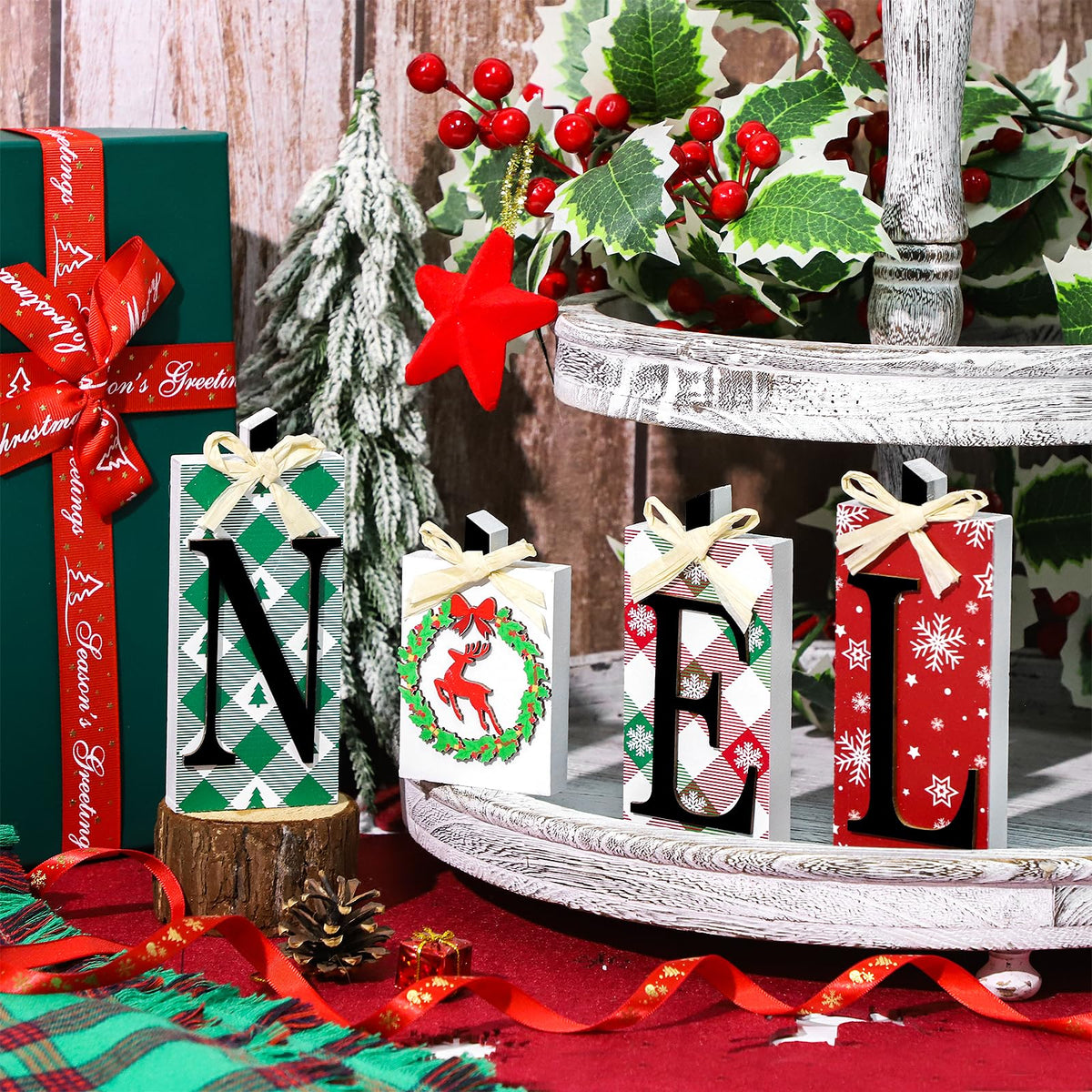 Christmas Wooden Noel Decorations,4Pcs Rustic Christmas Table Sign Decor,Letter Freestanding Xmas Centerpiece Table Tiered Tray Sign for Indoor Party New Year Winter Holiday Home Fireplace