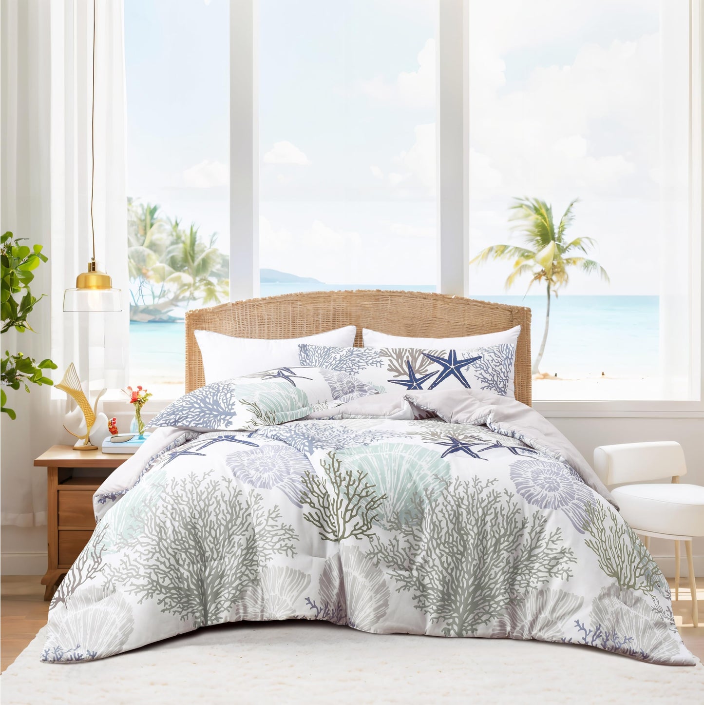 Tritard Coastal Comforter Set King Size 3 Piece, Soft Beach Themed Comforter, Ocean Nautical Lightweight Bedding Sets for All Seasons, (1 Reversible Comforter and 2 Pillow Shams), 104''x90'', C2