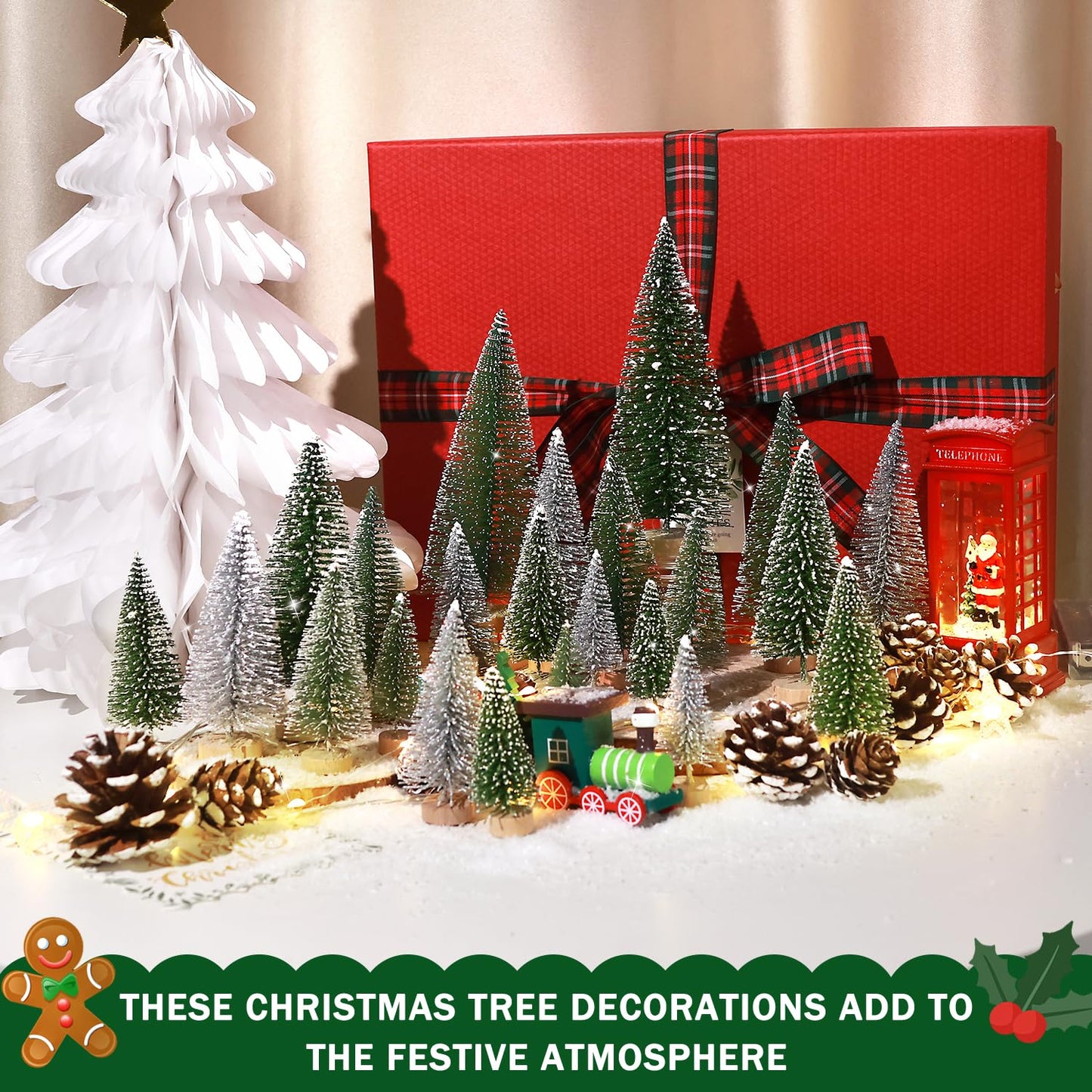 Set of 35PCS Mini Christmas Tree, Christmas Pine Cones, 2oz Fake Snow Powder, Mixed Christmas Decoration, Xmas Village Displays Winter DIY Crafts (Classic Green)