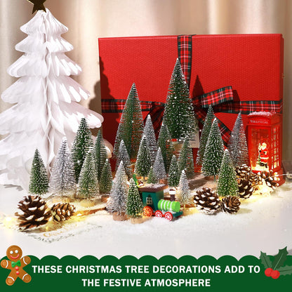 Set of 35PCS Mini Christmas Tree, Christmas Pine Cones, 2oz Fake Snow Powder, Mixed Christmas Decoration, Xmas Village Displays Winter DIY Crafts (Classic Green)