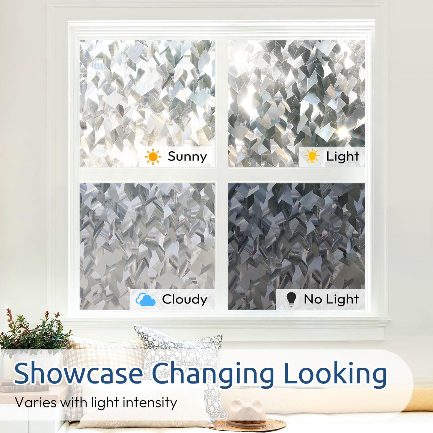 rabbitgoo Window Privacy Film, 3D Decorative Stained Glass Static Cling Door Covering Sun Blocking Removable Vinyl Sticker, Crystal Icicles 17.5 in X 13.1 Feet