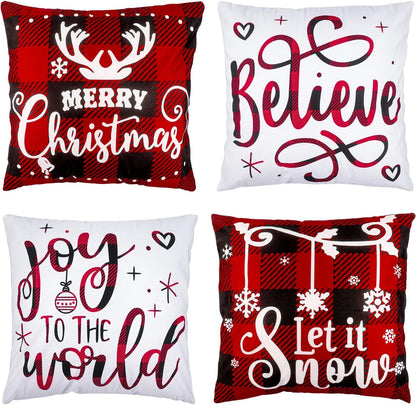 Christmas Pillow Covers 18x18 Set of 4 Winter Throw Pillow Covers Holiday Buffalo Plaid Pillow Covers Merry Christmas Pillows for Couch Sofa Home Decor Xmas Cushion Covers Indoor Decor Thicker
