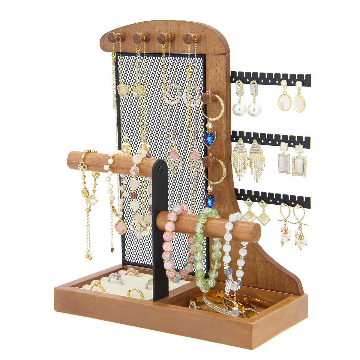 KOOAAICCHI Jewelry Organizer Stand Wooden Multi-Tier Jewelry Display Rack,Anti-tangle Necklace Holder,Jewelry Stand with Velvet Tray for Rings,Earrings and Bracelets (Brown)