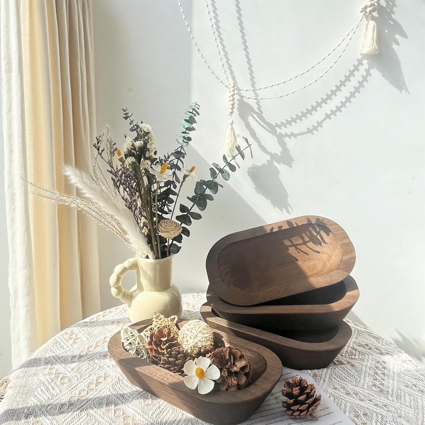 cachiv 4 Pack Dough Bowl for Candle, Wooden Decorative Bowls Paulownia Rustic Hand Carved Wooden Bowls for Candle Making Key Living Room 10"x6"x2" Brown