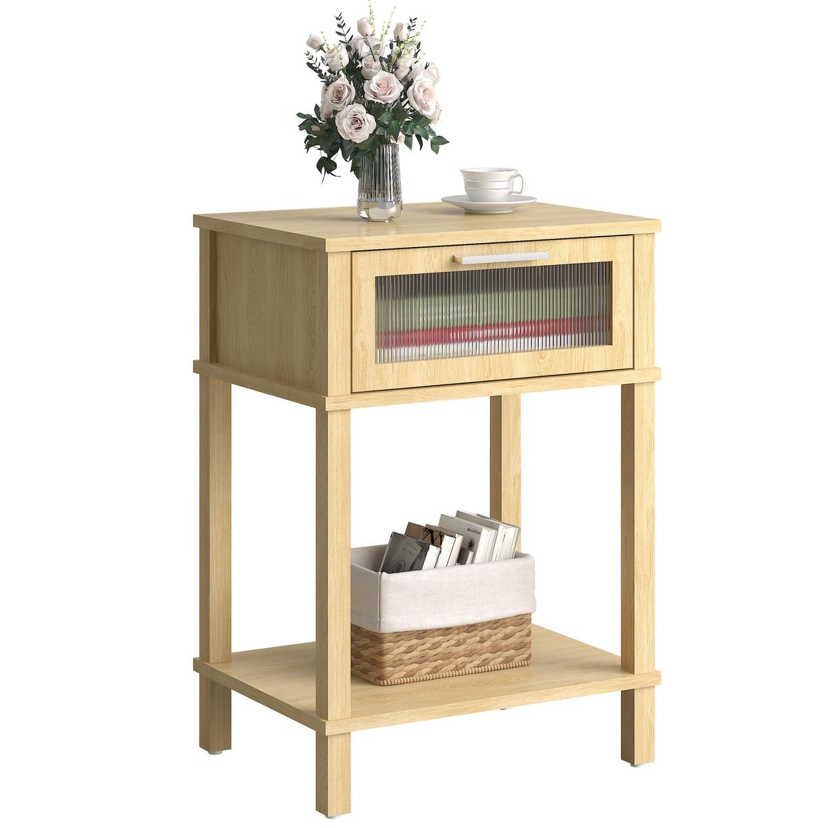 Nightstand Wooden Bedside Table with Drawer Natural Wood Night Stands Modern Style Small End Table Side Table with Storage Shelf for Bedroom Living Room MLBZ10YEV