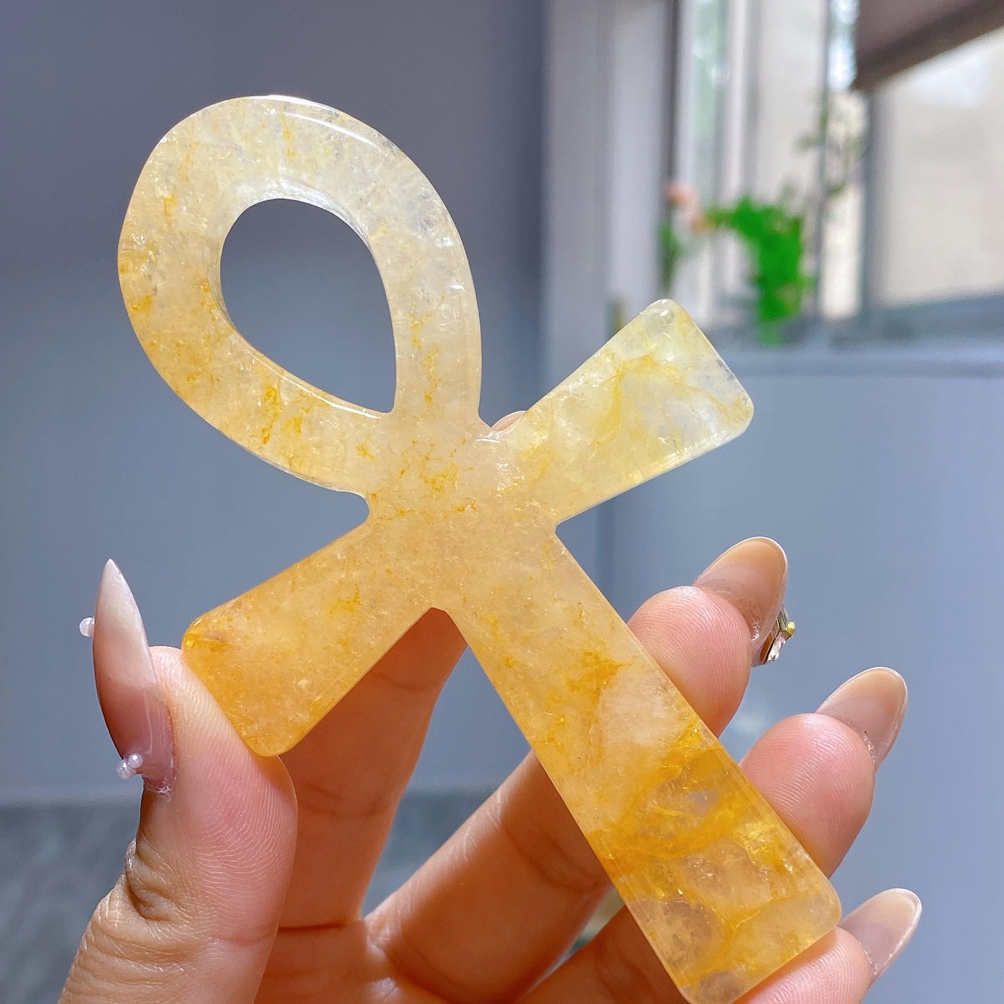 3.6" Natural Quartz,Hand Carved,Mineral Sample,Ankh Totem,Home Decor,Reiki Heal,Energy Crystal Gift (Yellow Hematoid Quartz)