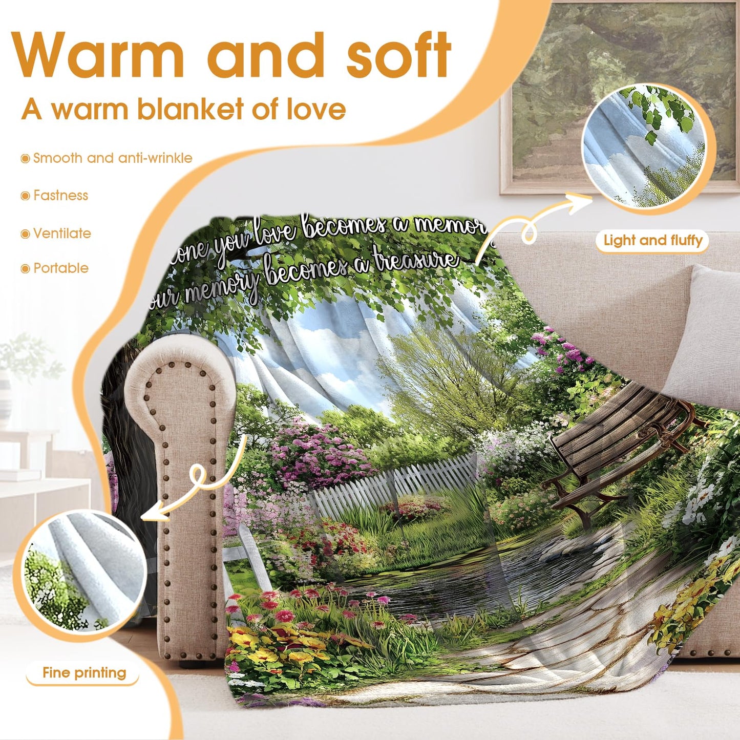 Hohoto Memory Blanket Memorial Gifts Sympathy Bereavement Throw Garden Flowers Trees Floral Gifts for Women Men Wife Dad Mom Christmas Sisters Female Friends Streams Lakes Paths Blanket 50"x60"