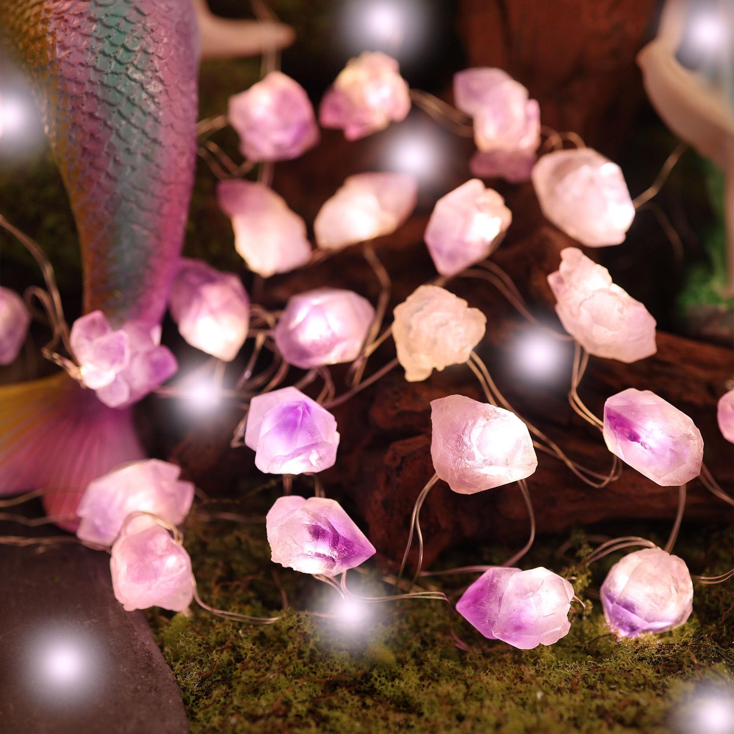 JASHIKA Genuine Amethyst Crystal Fairy Lights, Natural Healing 20 Raw Stones String of Lights 6.5ft Remote Control USB Plug in for Reiki Ornaments Bedroom Wedding Decoration
