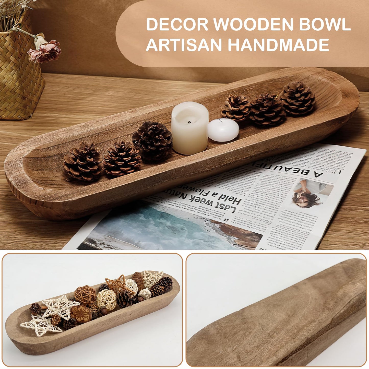 MOLADRI 17 Inch Wooden Dough Bowls Decorative，Unique Centerpiece Bowl, Rustic Long Wood Bowl with Hand Carved for Table Centerpiece Decor, Farmhouse Boho Rustic Style Home Decor (17" x 5" x 2" Brown)