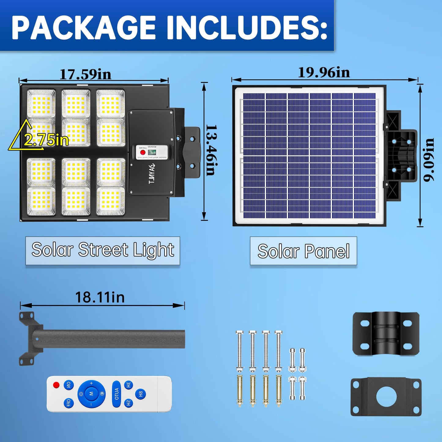 JAYNLT Y-2000W Solar Street Lights Outdoor, 60000LM 6500K Solar Parking Lot Lights Dusk to Dawn, IP67 Waterproof Solar Security Flood Lights with Motion Sensor for Yard, Garden, Parking Lot