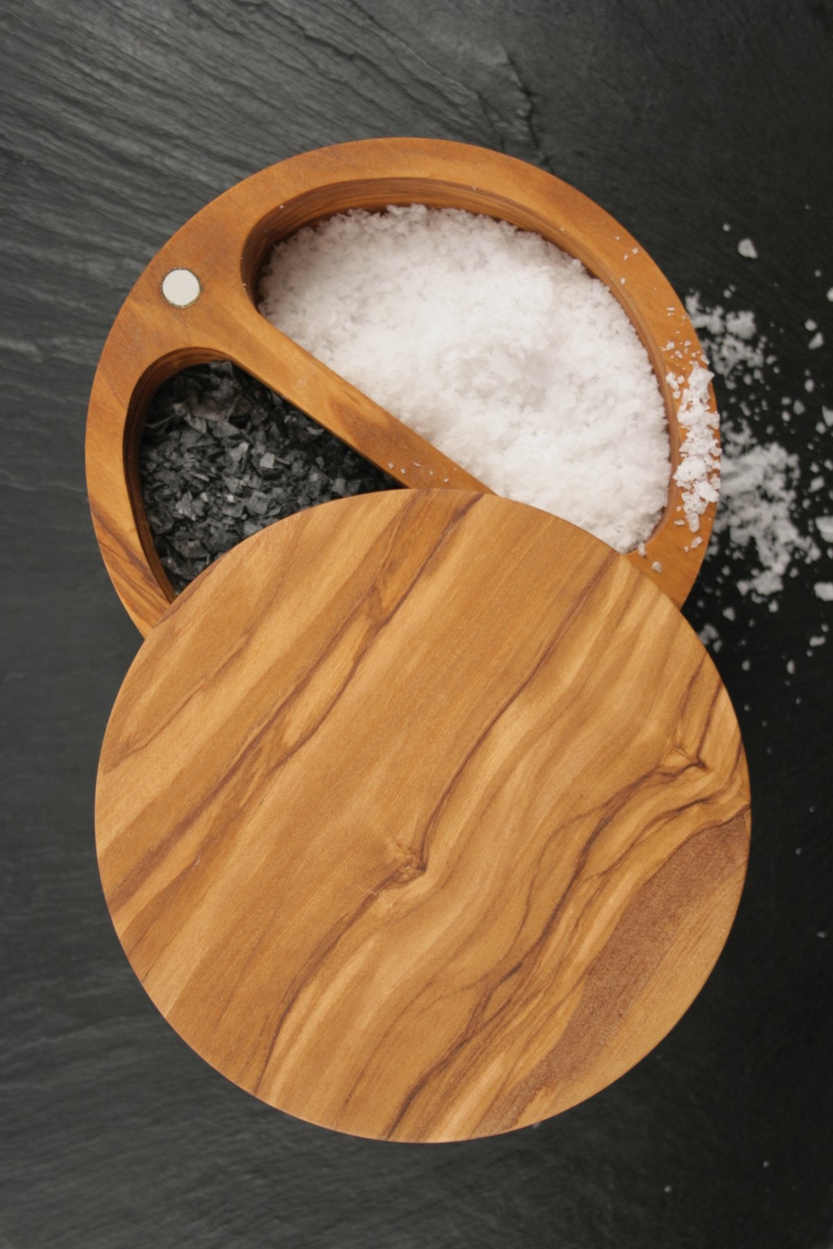 Swissmar Palermo Olive Wood Salt Keeper – Dual Compartment with Magnetic Swivel Lid, Countertop Spice Jar for Sugar, Spices, Seasonings, Kitchen Storage Canister, 8.8 oz - 260 ml