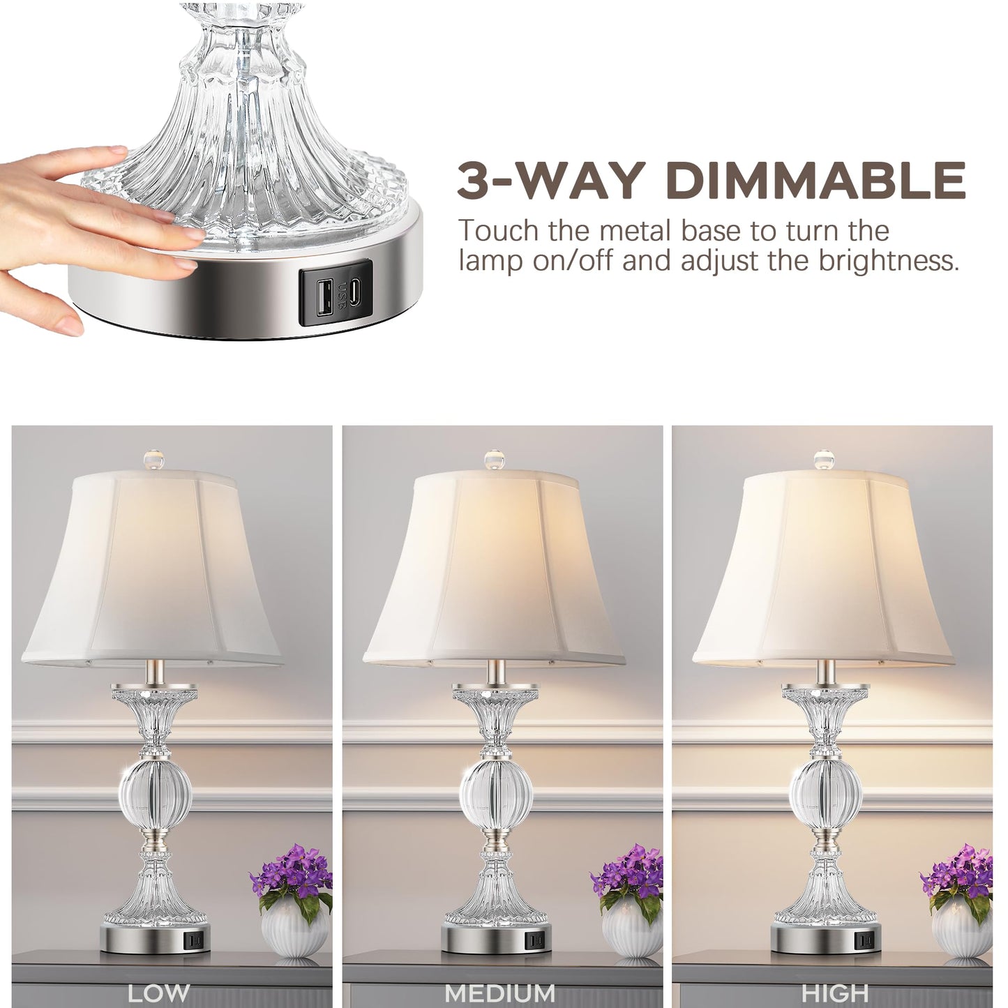 QiMH Glass Table Lamps for Living Room, Modern Table Lamp for Bedroom, Bedside Lamps Set of 2 with USB A+C Ports, 3-Way Dimmable Touch Lamp with Bulbs, Nightstand Lamp for Home Office Reading, Silver