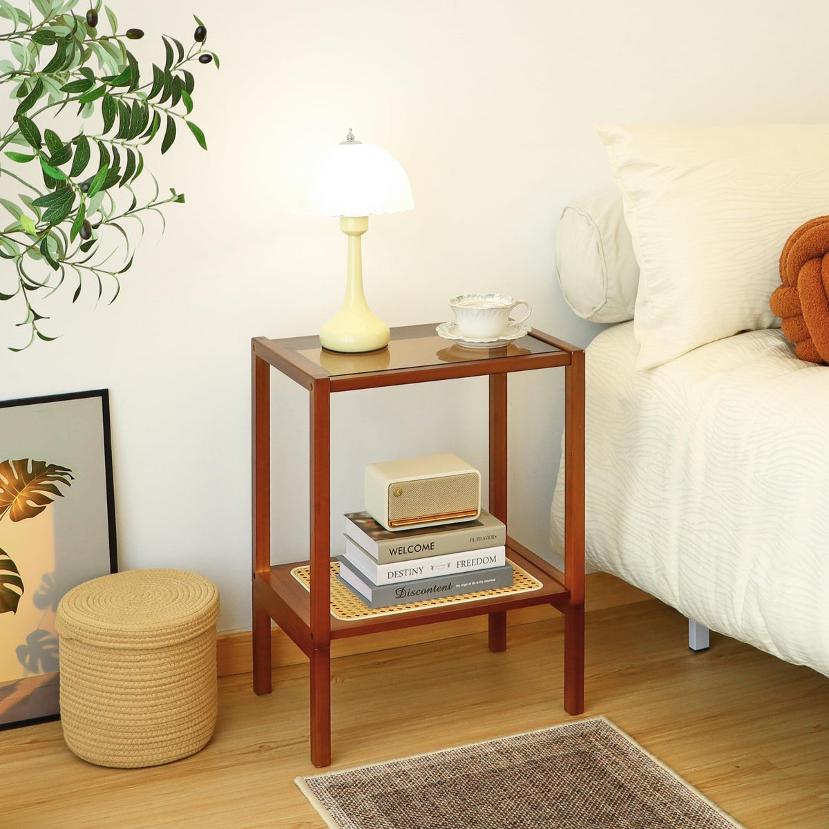Mordchil HF 2-Tier Bamboo Side Table, Modern Glasstop Rattan Side Table, Mid Century Wood Sofa-Side End Tables for Living Room, Bedroom Night Stand with Storage, Small Narrow Coffee Tables, Walnut