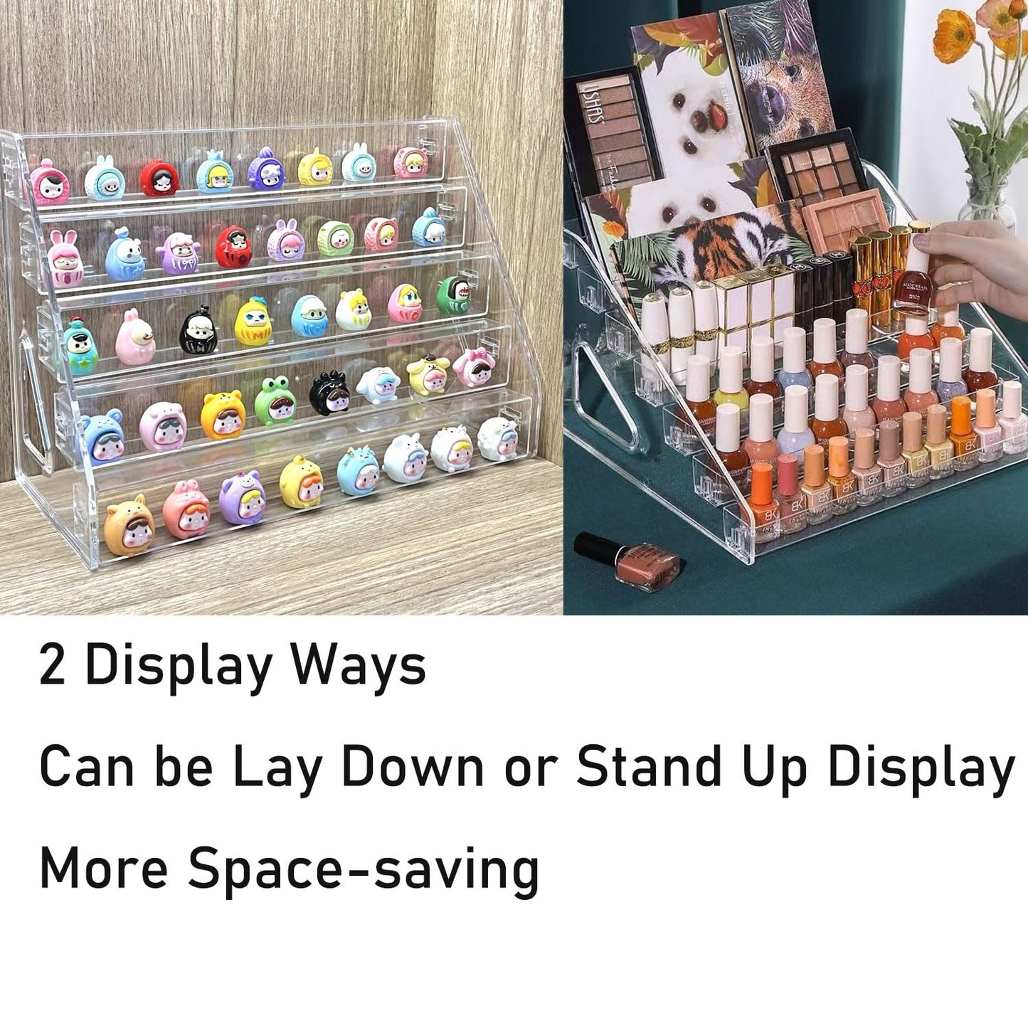 5 Tier Acrylic Display Stand Organiser with Fences, No Assembly Perfume Stand Organiser, Clear Display Shelf for Home, Office, Retail for Funko Figures Toys Cupcake Food, Cologne, Cosmetics, Storage