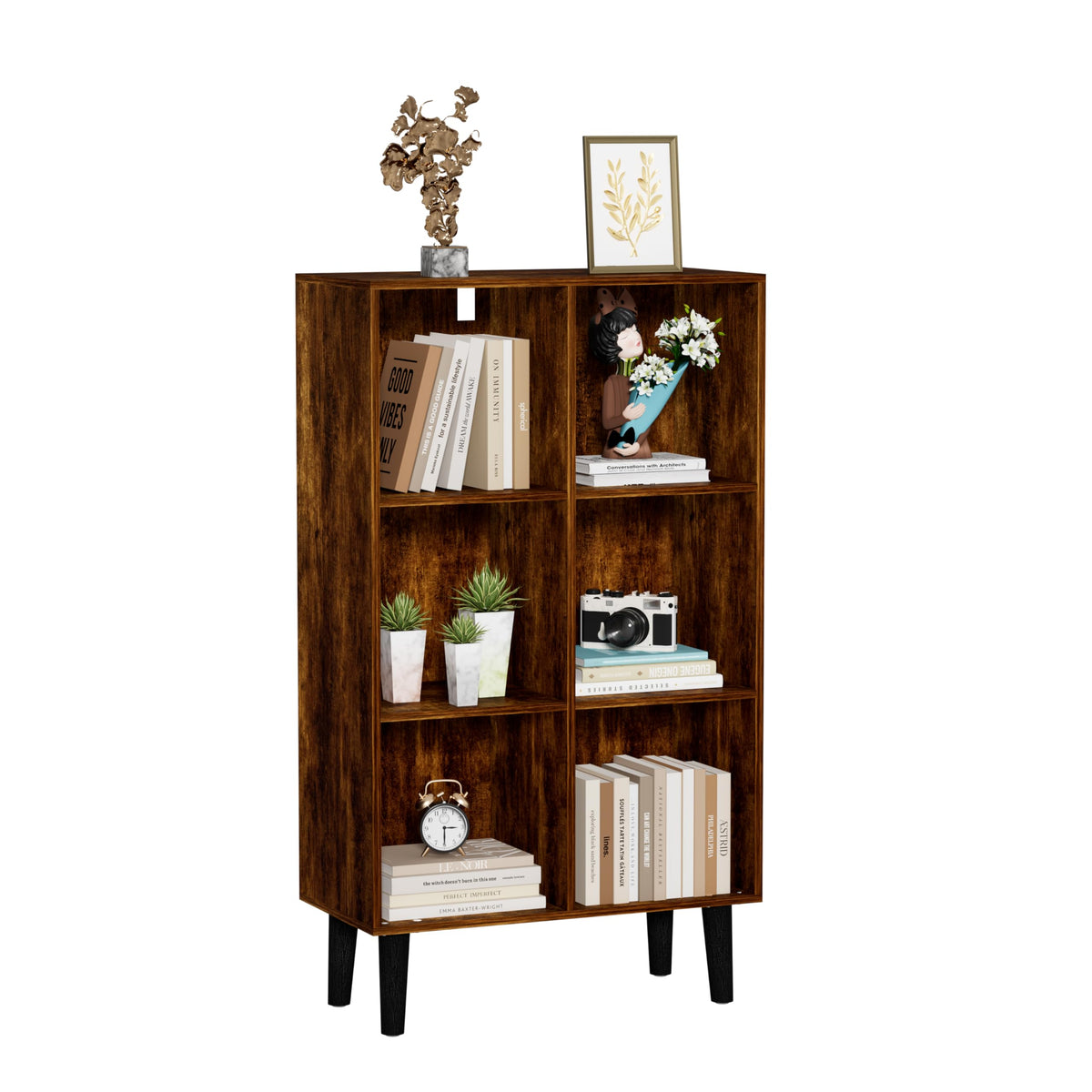 Nestwise 6 Cube Bookcase, Wooden Book Shelf Cube Storage Organizer with Legs, 3 Tier Bookshelf Freestanding Open Shelves for Bedroom, Living Room and Home Office (Brown, 6 Cube Vertical)