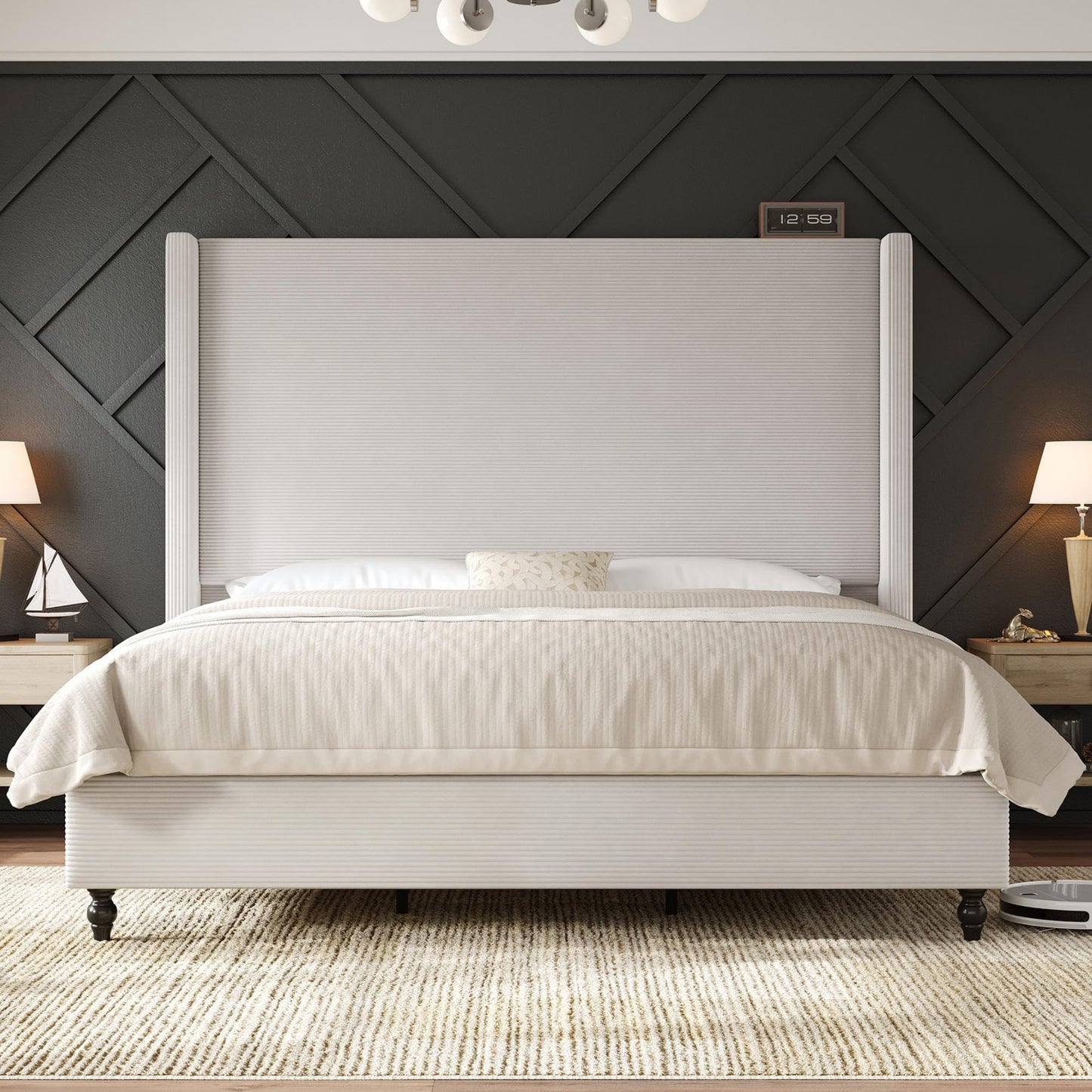 AMERLIFE King Size Bed Frame with 65" Tall Headboard, Upholstered Corduroy Bed Frame with Wingback, Platform Bed with Solid Wood Gourd Legs, Solid Slats, No Box Spring Needed, White